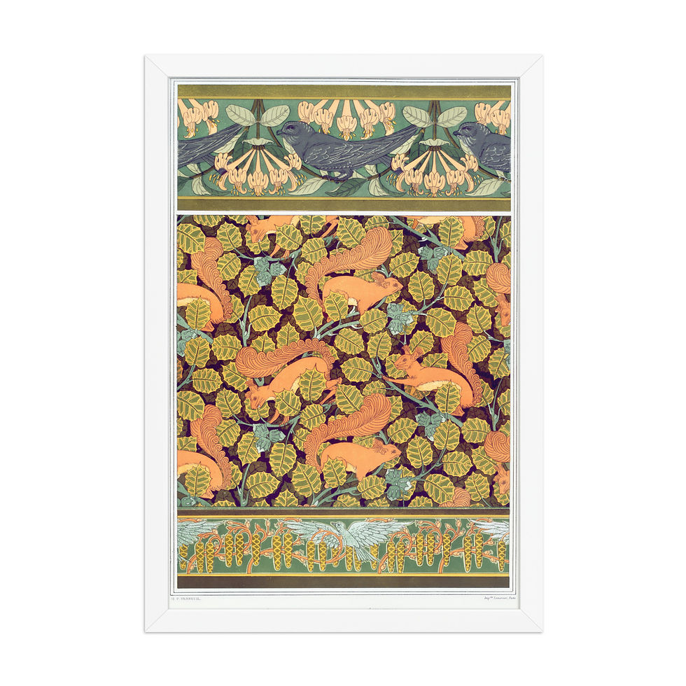 Thumbnail: Framed art print, Squirrels in the Grove by C.F.A. Voysey, black frame, wall art, featuring playful squirrels and birds in lush foliage.