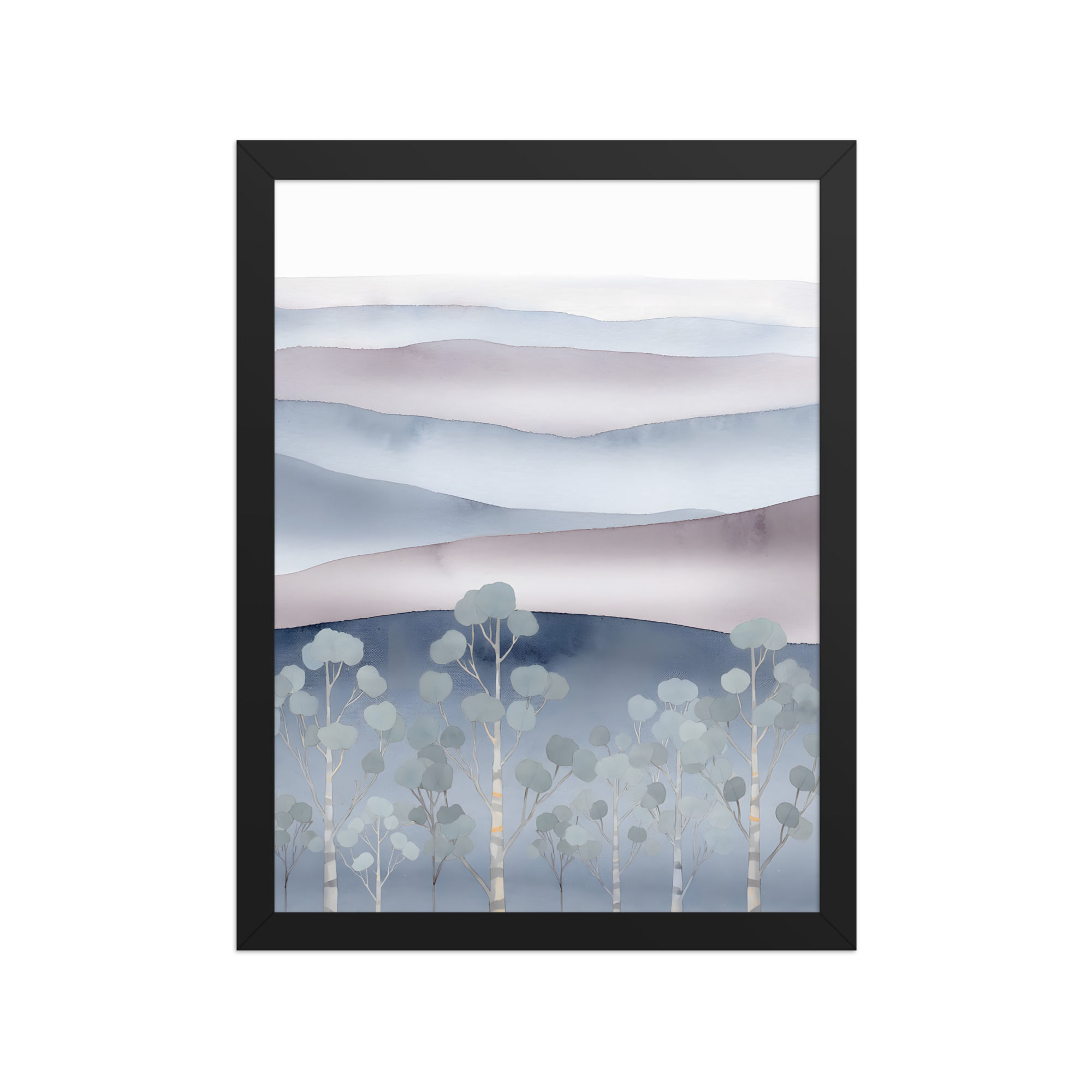 Framed minimalist art print of a serene landscape with trees and rolling hills, in a black frame, by Frameifi, a piece of framed wall art.