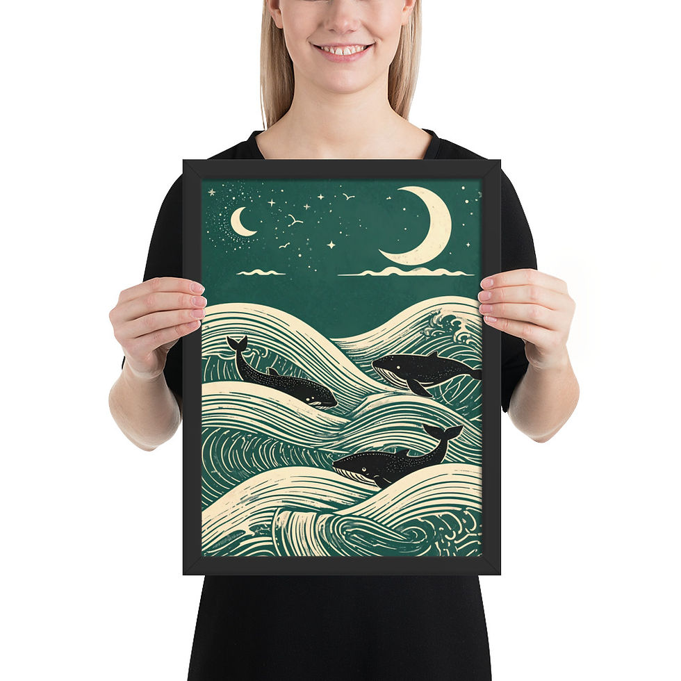 Thumbnail: Framed Linocut Whale and Waves Wall Art, featuring a black frame with a green and cream-colored illustration of whales swimming in wavy ocean.
