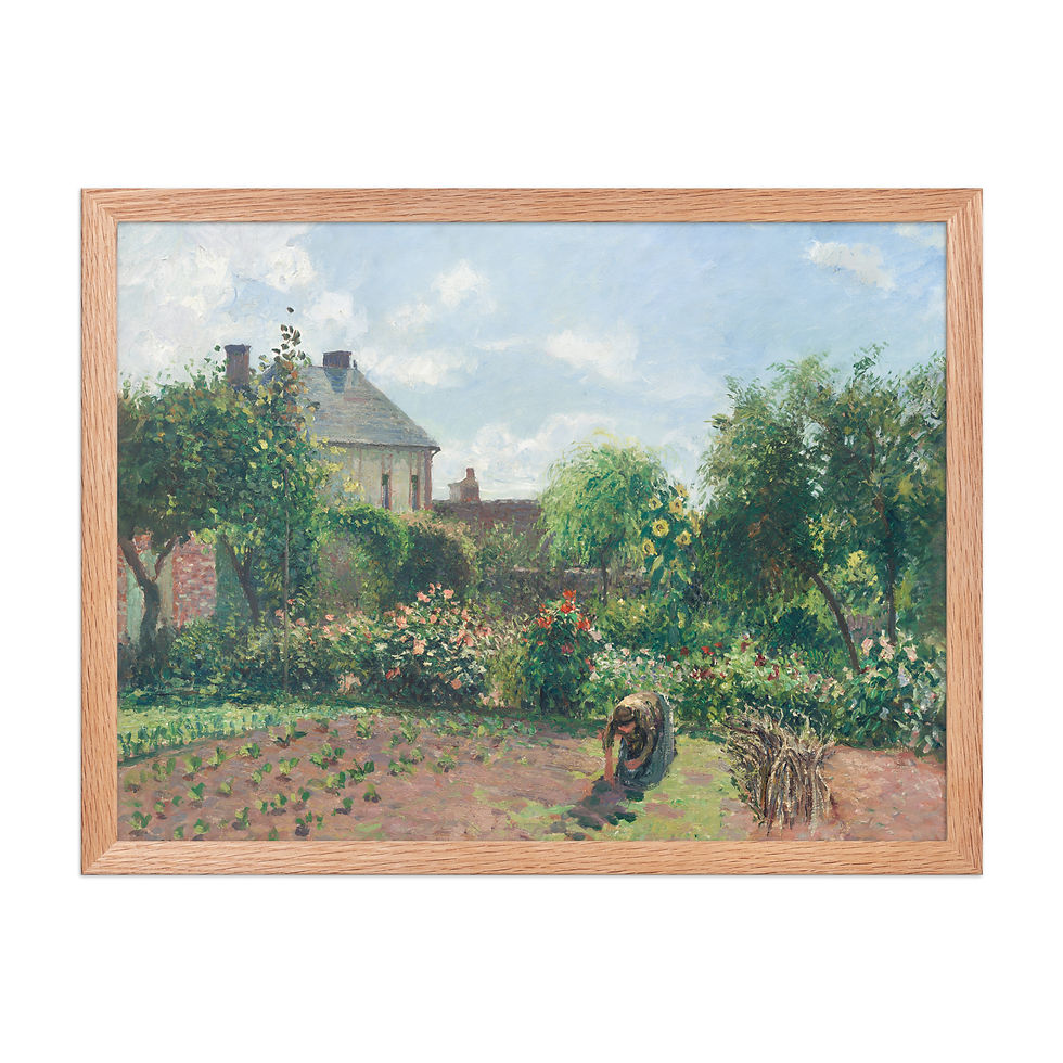 Framed Camille Pissarro landscape wall art, a serene garden scene with a gardener, sunflowers, and roses, professionally framed by Frameifi.