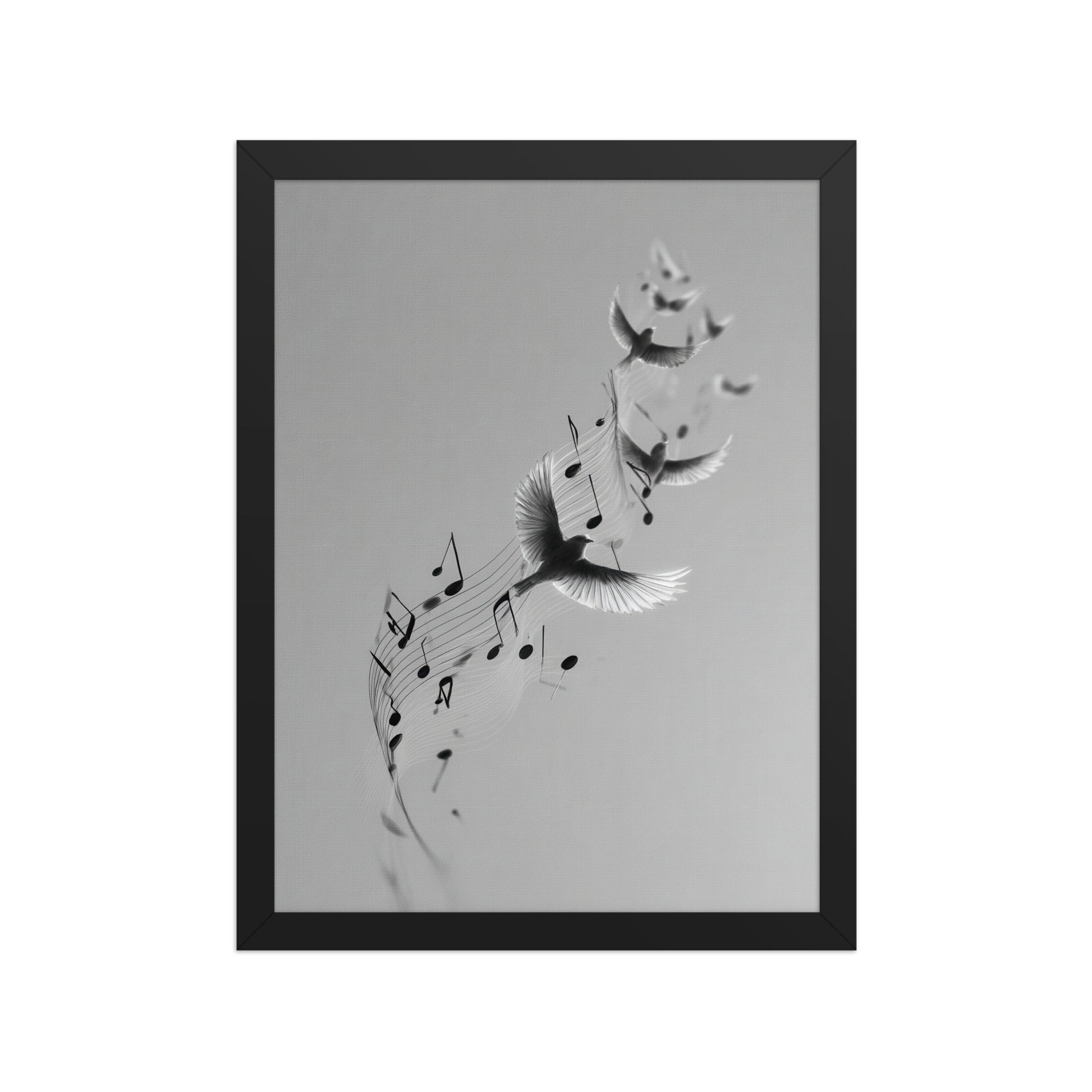 Framed music note art print with birds and musical notes in a black matte frame, perfect framed wall art for any music lover.