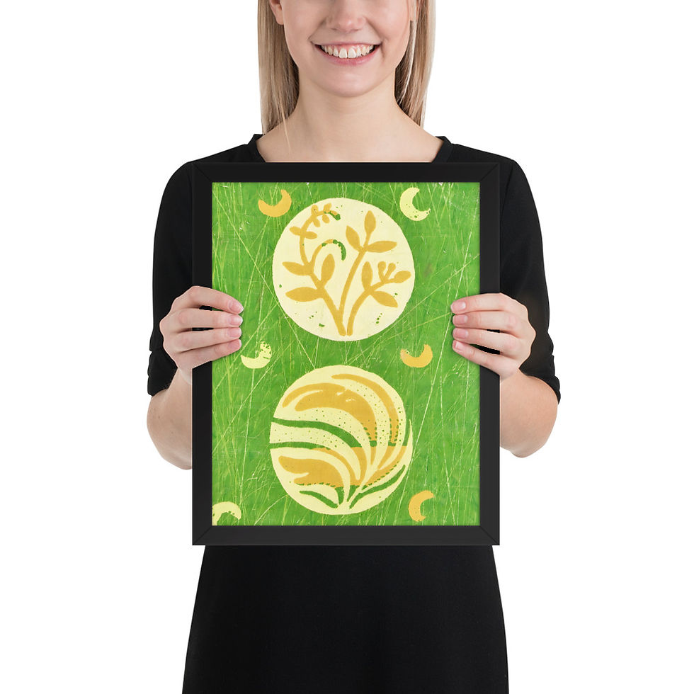 Thumbnail: Framed wall art, framed poster, folk art plant motifs, framed art print, green background with yellow botanical illustrations in a black frame.