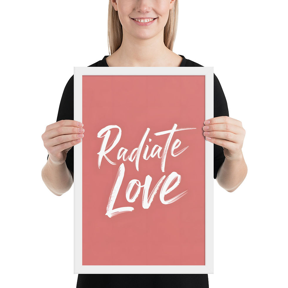 Thumbnail: Framed poster with pink background and white text reading "Radiate Love" in a cursive font, surrounded by a black matte frame.