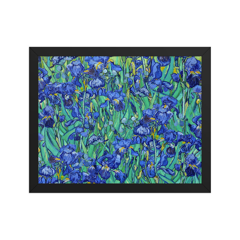 Framed art print of Van Gogh's Irises, a vibrant floral masterpiece with deep blue irises, lush green foliage, in a black frame, ready to hang.