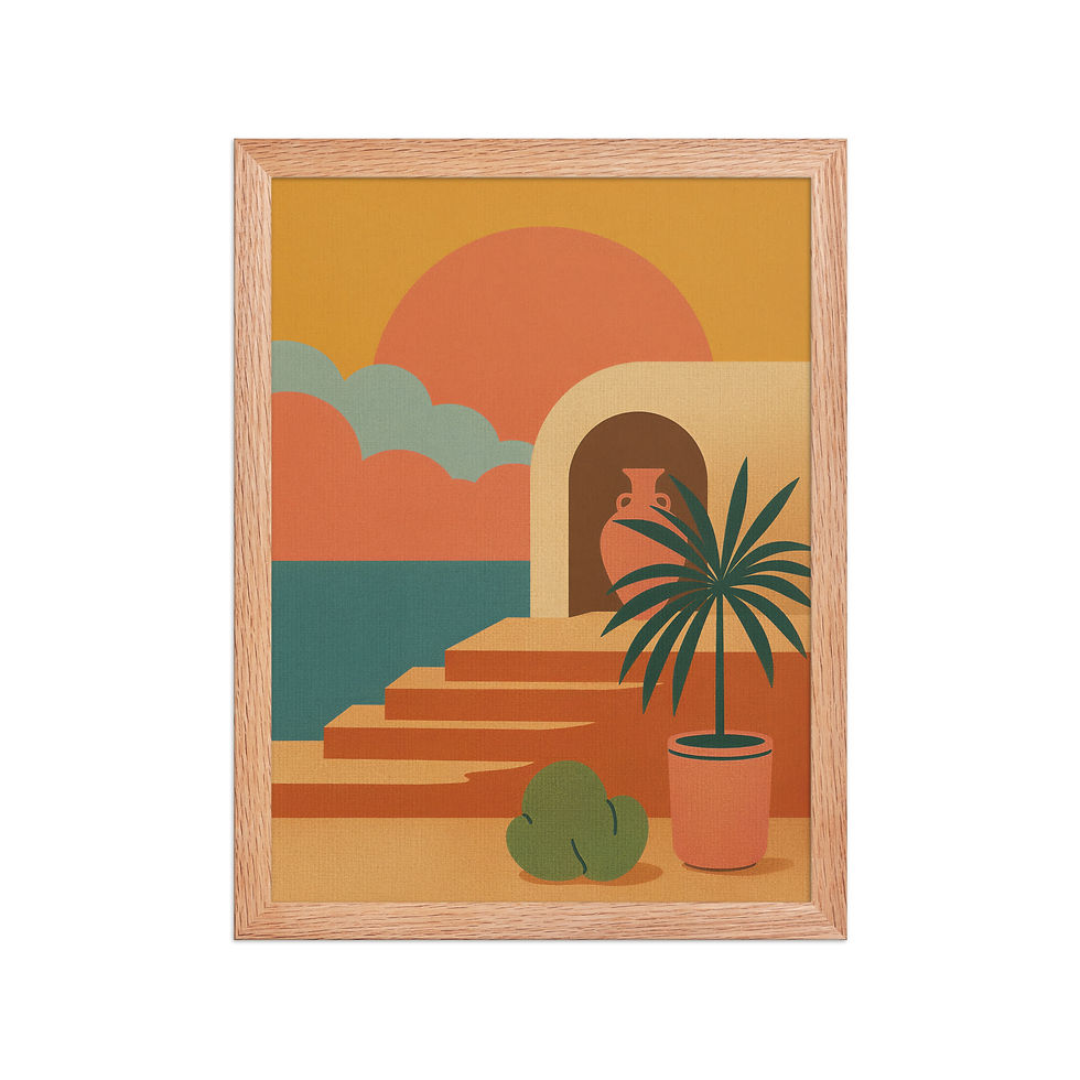 Thumbnail: Woven Palm and Sun Subdued Art Print in black frame, framed wall art, wall art, framed poster, framed art.