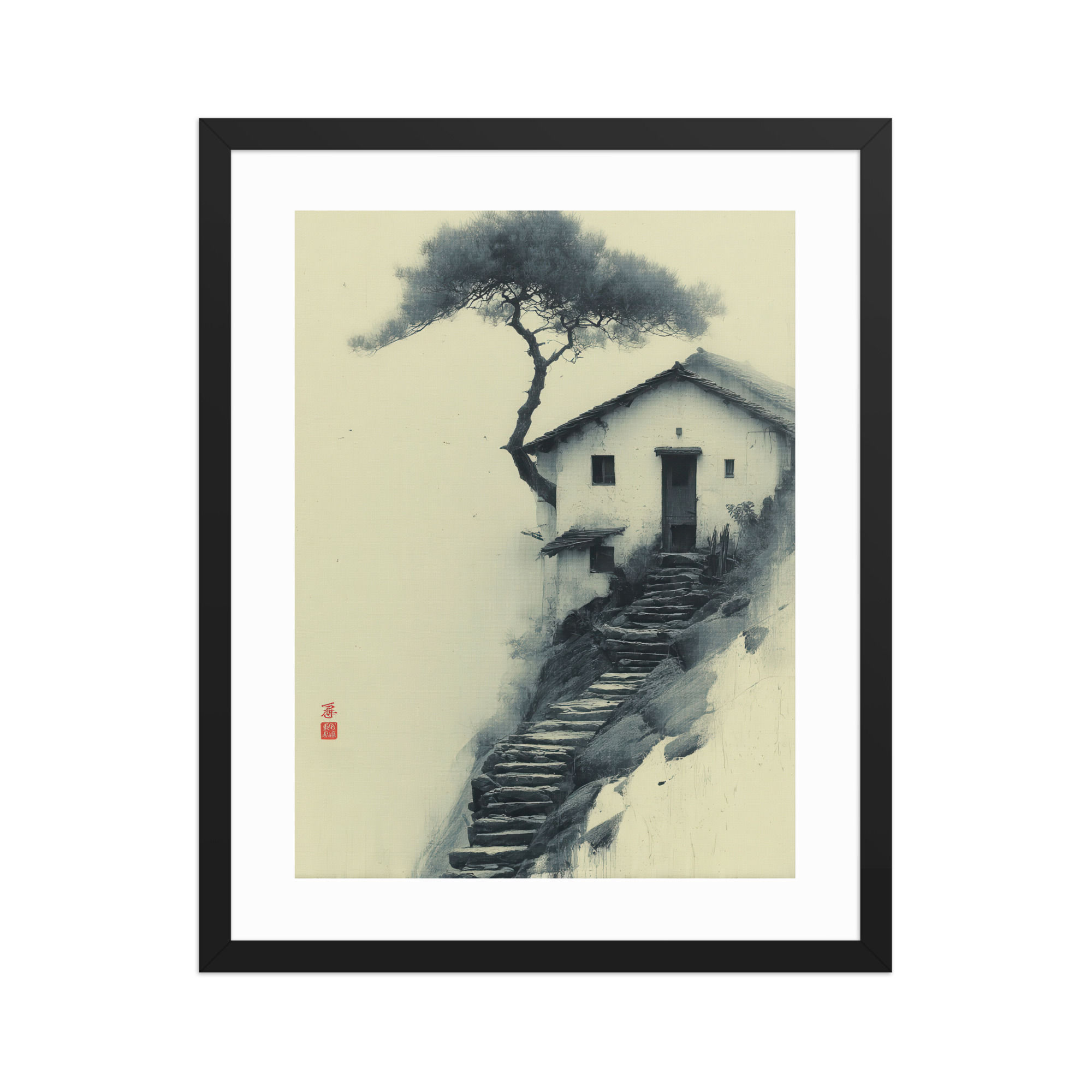 Japandi House on a Hill Sumi-e Ink Inspired Landscape 