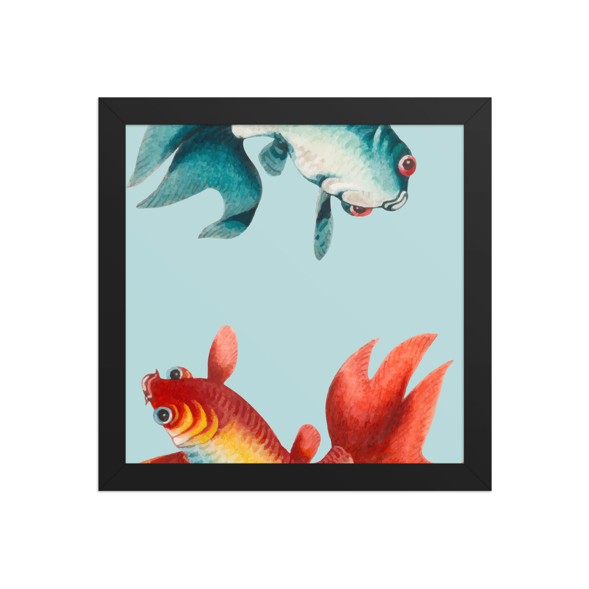 Framed poster of two colorful fish on light blue background, featuring a blue and white fish and a red and orange fish.