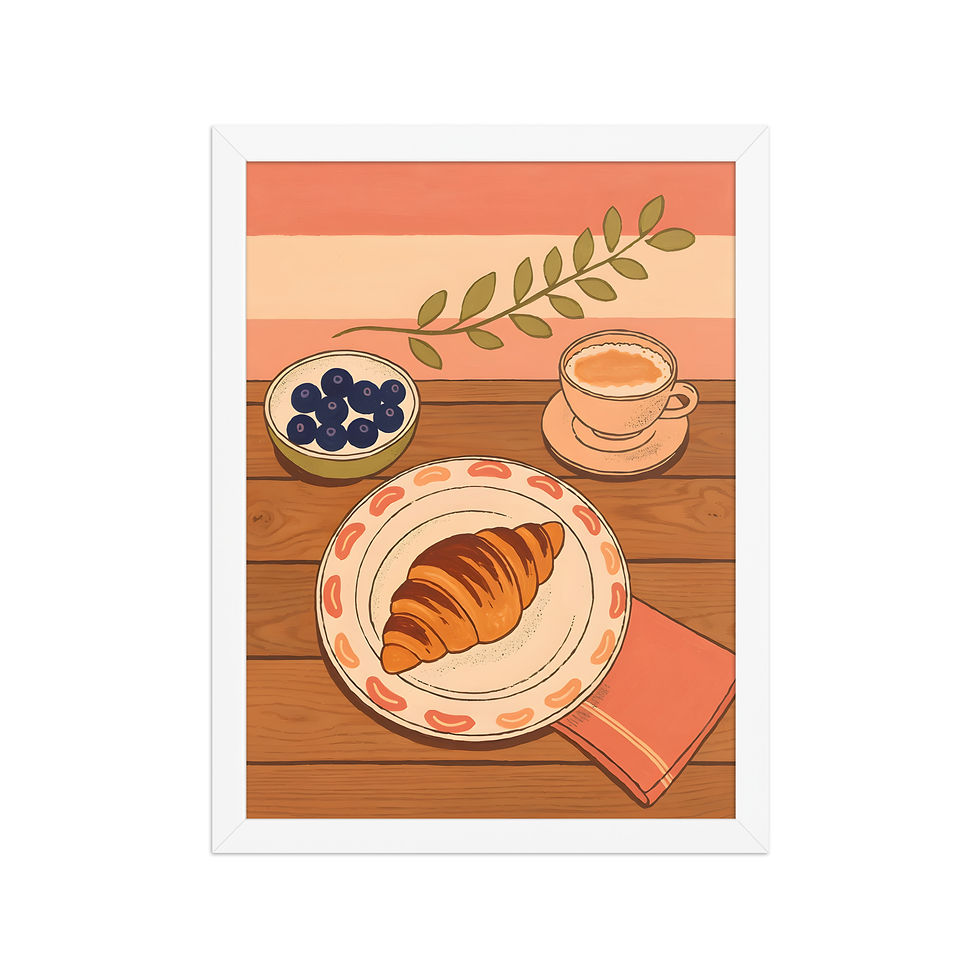 Thumbnail: Framed art of a still life breakfast setup with a croissant, blueberries, and coffee in a black frame, framed wall art, framed poster.