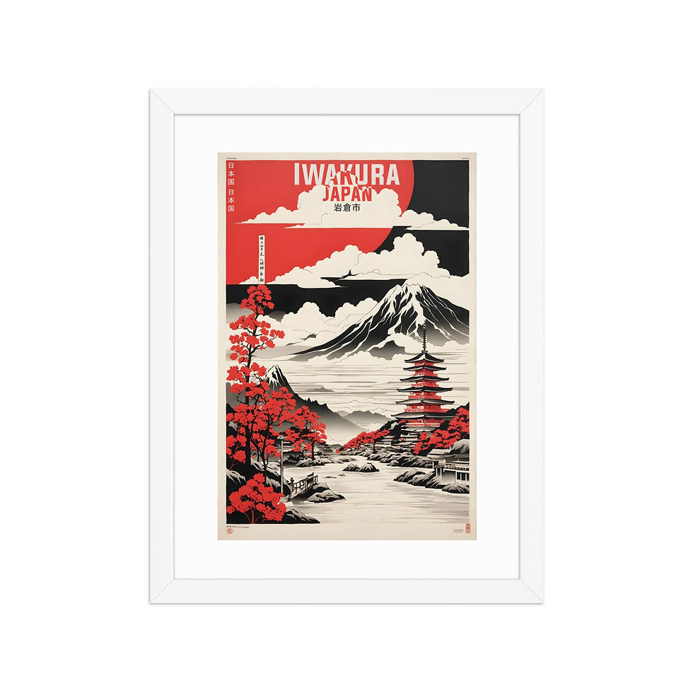 Thumbnail: Iwakura Japan travel poster, framed in black, featuring red and white Japanese landscape with pagoda, mountain, and trees, a beautiful framed wall art piece.