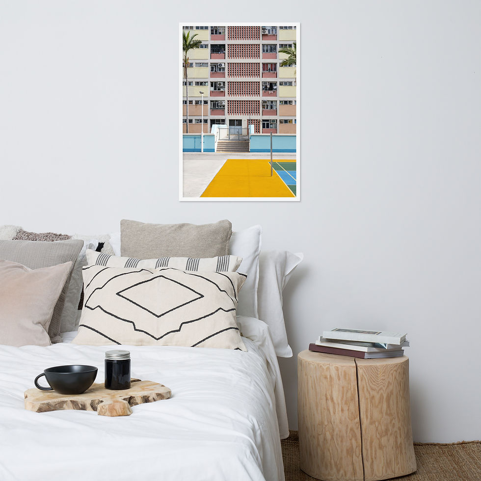 Thumbnail: Urban Colors Vibrant Residential Facade Framed Wall Art by Frameifi, a framed poster featuring a colorful building facade and sports court.