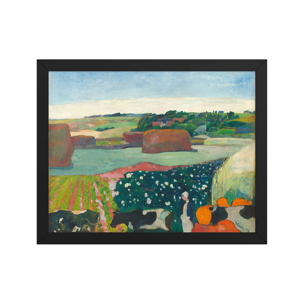 Framed art print of Gauguin Harvest Meadow, framed poster featuring a serene landscape with rounded haystacks and grazing cows in a black frame.