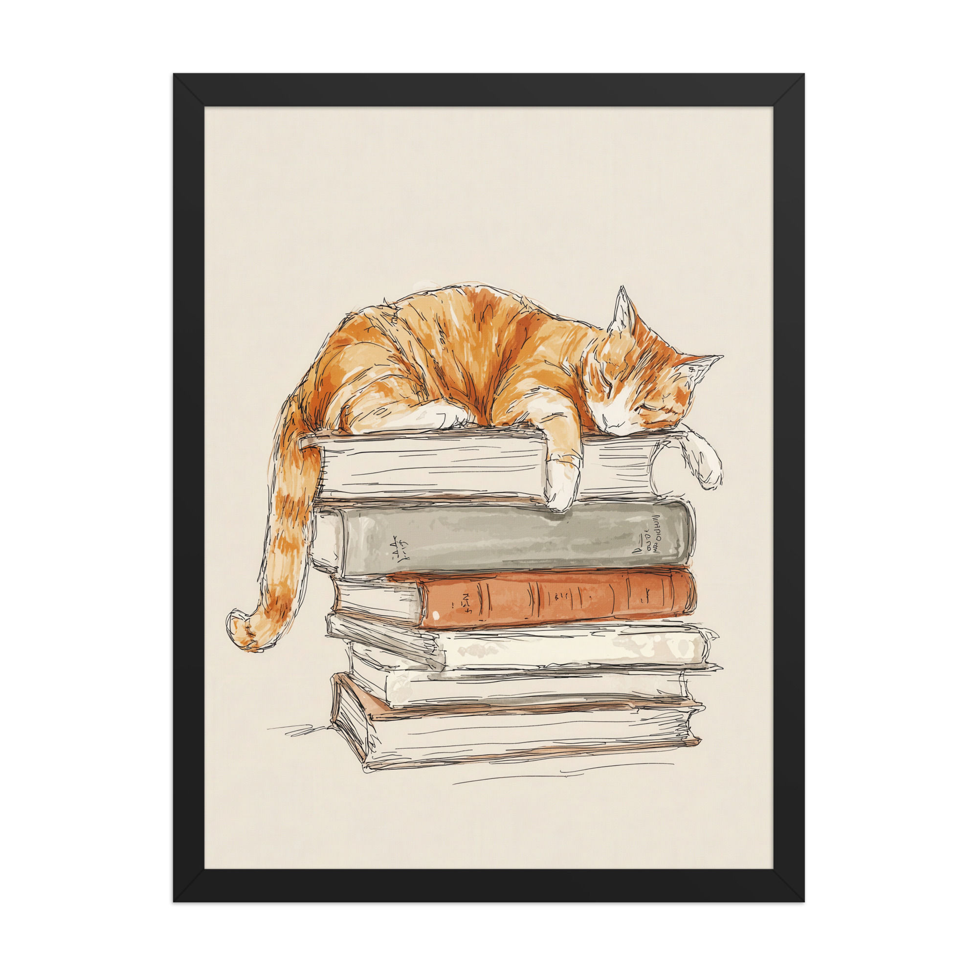 Cat Sleeping on Books Reading Wall Art