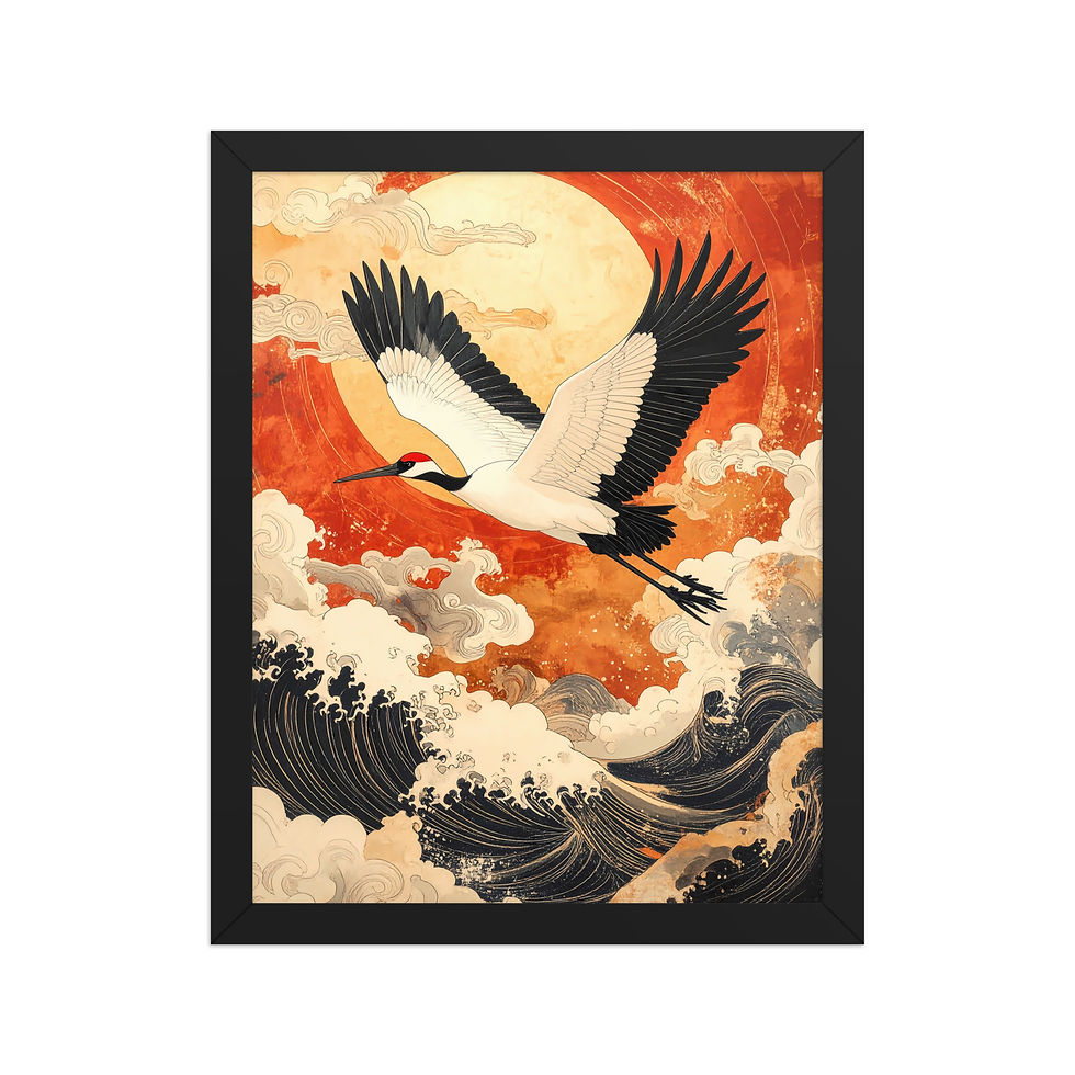 Elegant Japanese crane framed poster with black frame, white and black crane, red moon, and wave design, ideal framed wall art for home decor.