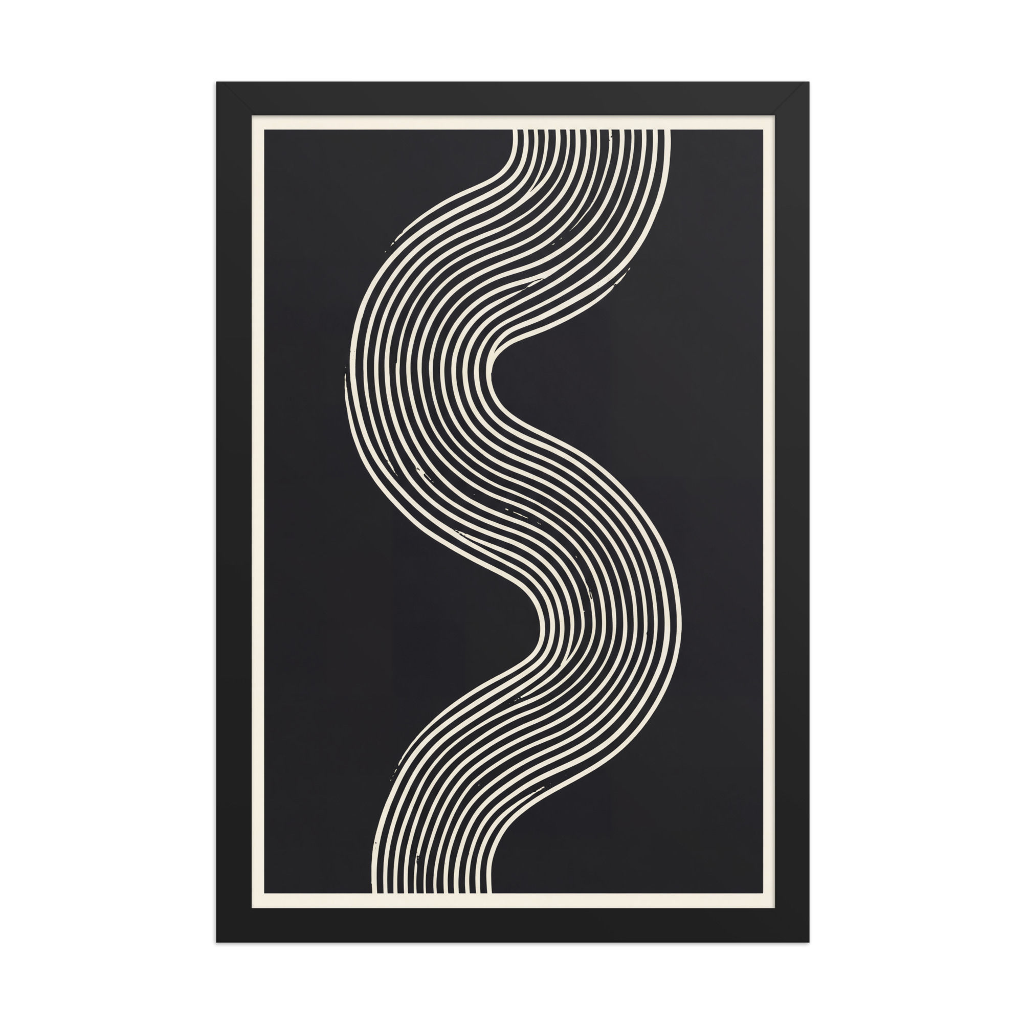 Modern Black and White Wave Lines Framed Art, abstract wall decor print by Frameifi, featuring wavy white lines on a black background in a sleek frame.