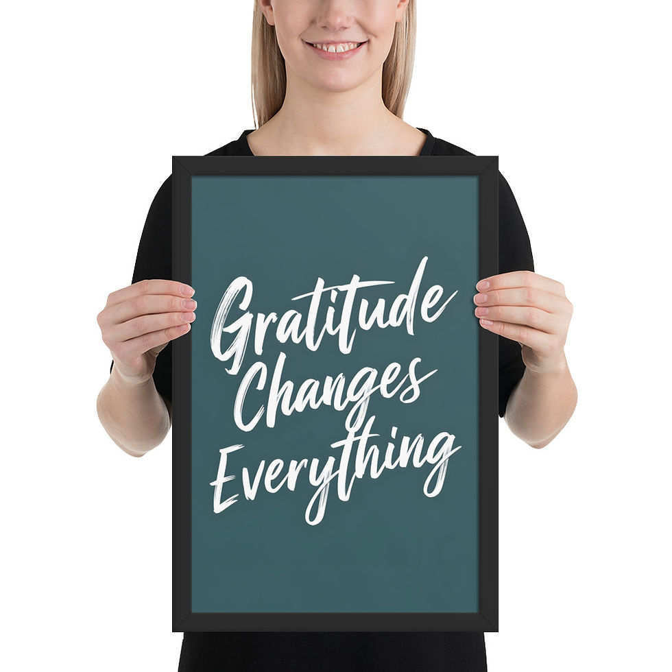 Thumbnail: Framed poster with teal background and white text reading "Gratitude Changes Everything" in a cursive font, set in a black matte frame.