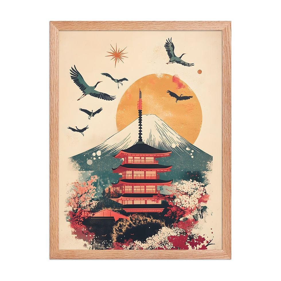 Thumbnail: Japan Travel Art Fuji, framed poster in black wood frame, featuring pagoda, Mount Fuji, cherry blossoms, and cranes on matte paper.