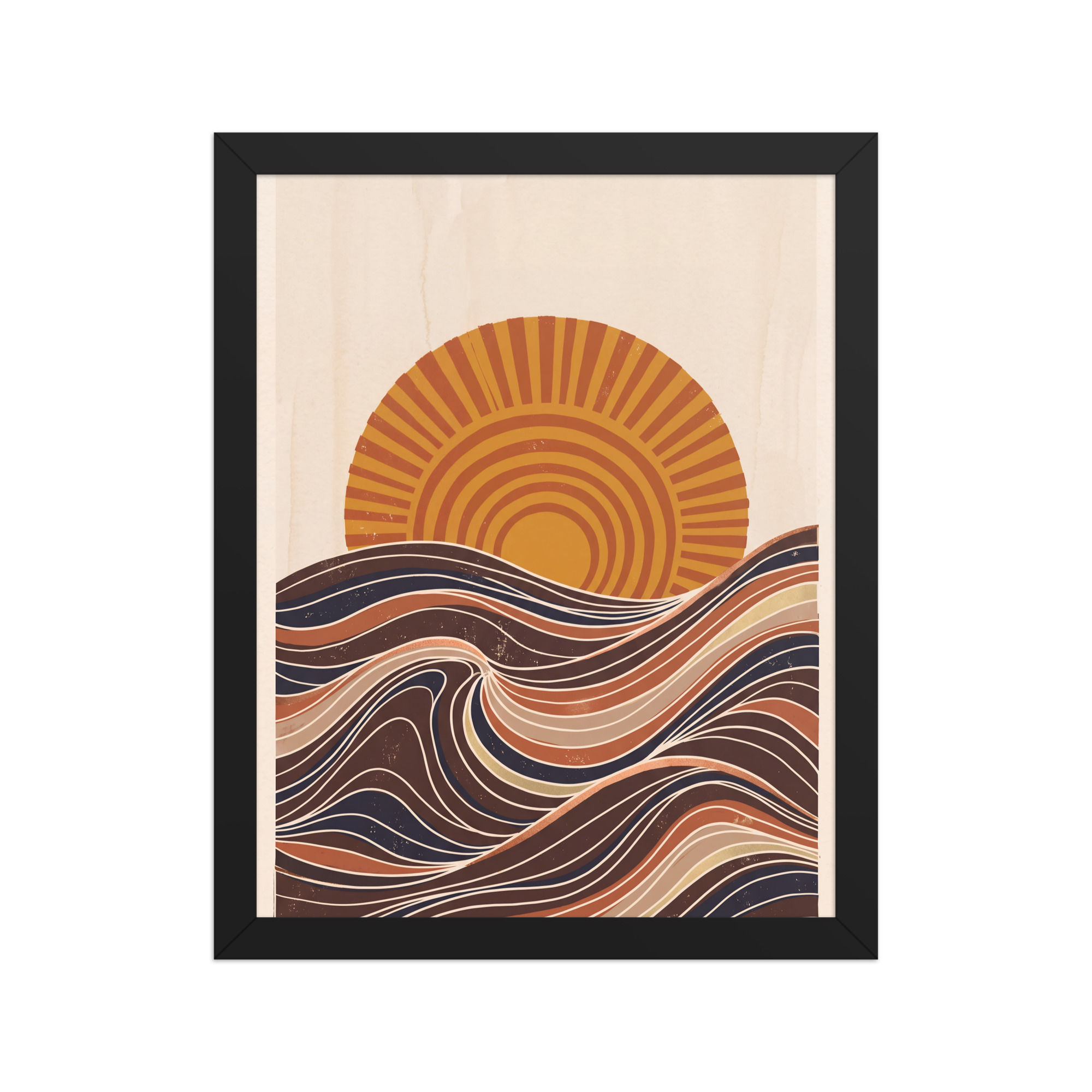 Framed Retro Sunset Wave Art print with black frame, featuring abstract waves and sun in warm golden, orange, brown, and beige tones.