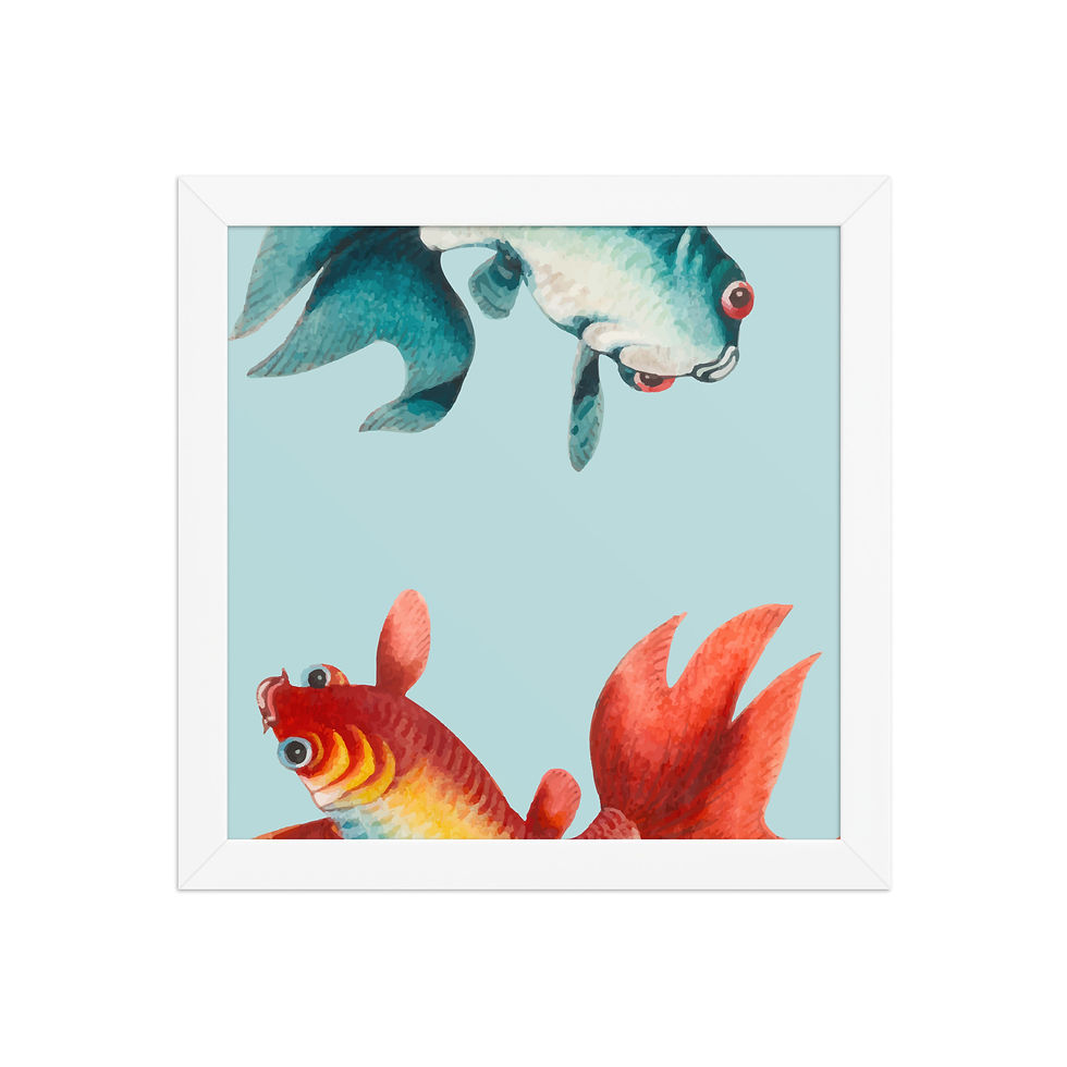 Thumbnail: Framed poster of two colorful fish on light blue background, featuring a blue and white fish and a red and orange fish.