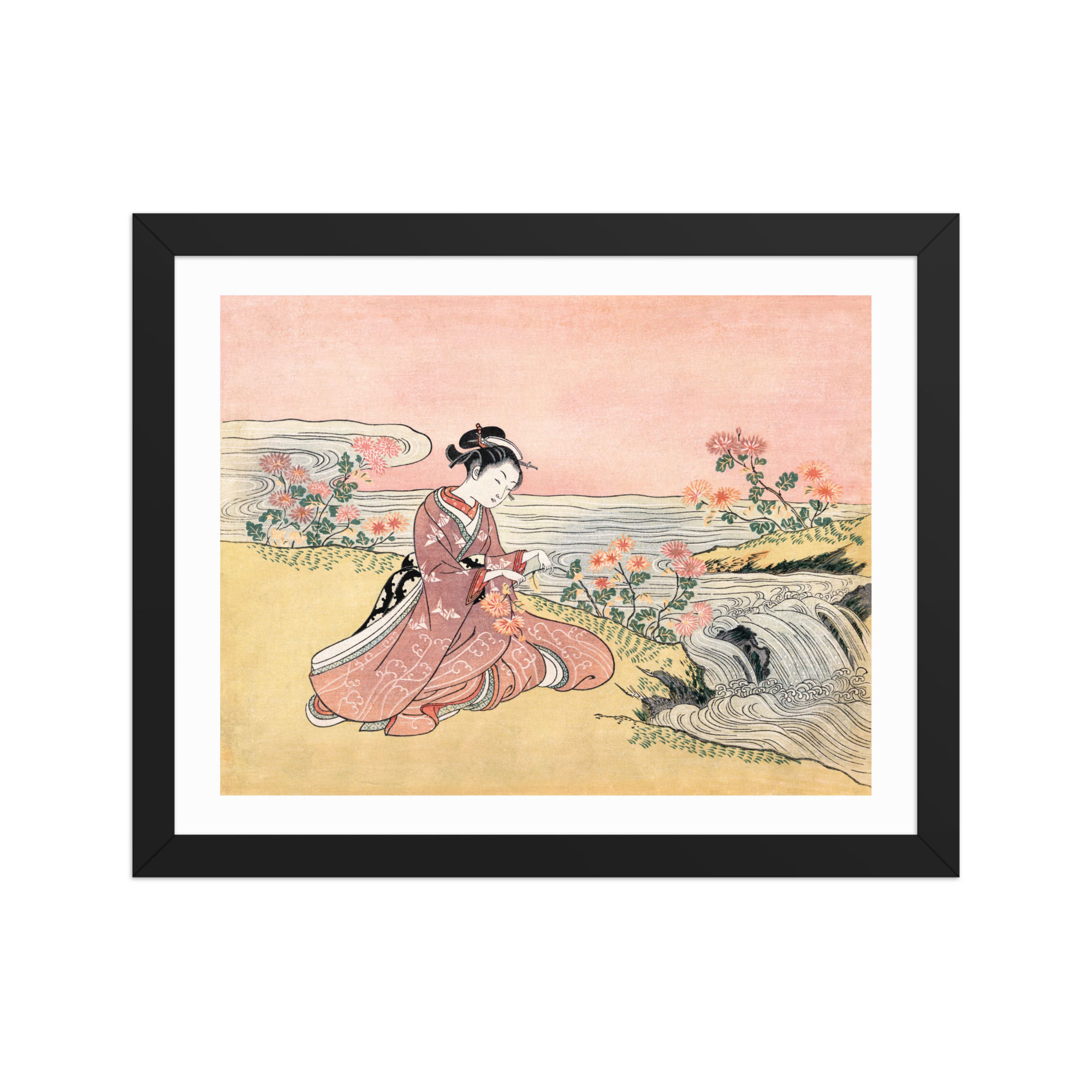 Woman-picking-chrysanthemum by-Suzuki-Harunobu Framed Wall Art