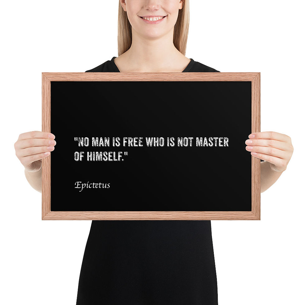 Thumbnail: Framed poster with white text on black background, "No man is free who is not master of himself" by Epictetus, framed wall art.