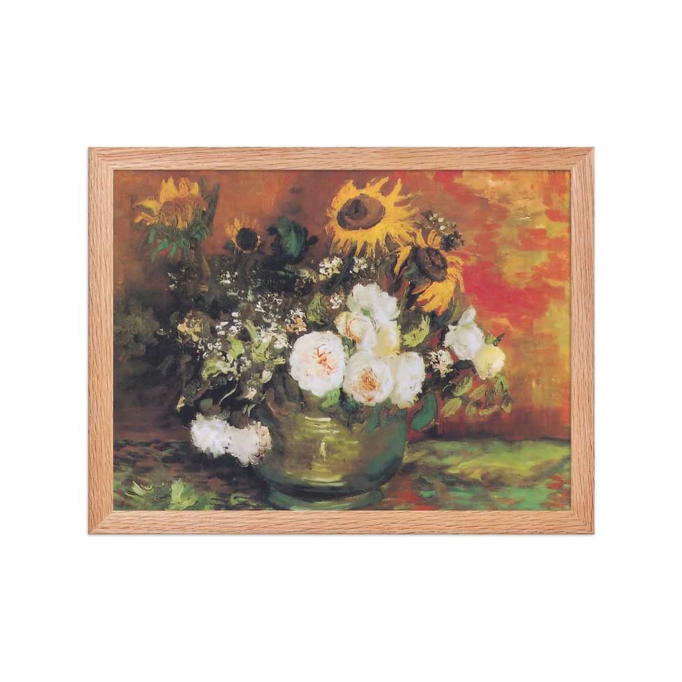 Thumbnail: Roses and Sunflowers Van Gogh Still Life framed art print, framed wall art, framed poster, wall art, featuring sunflowers and white roses.