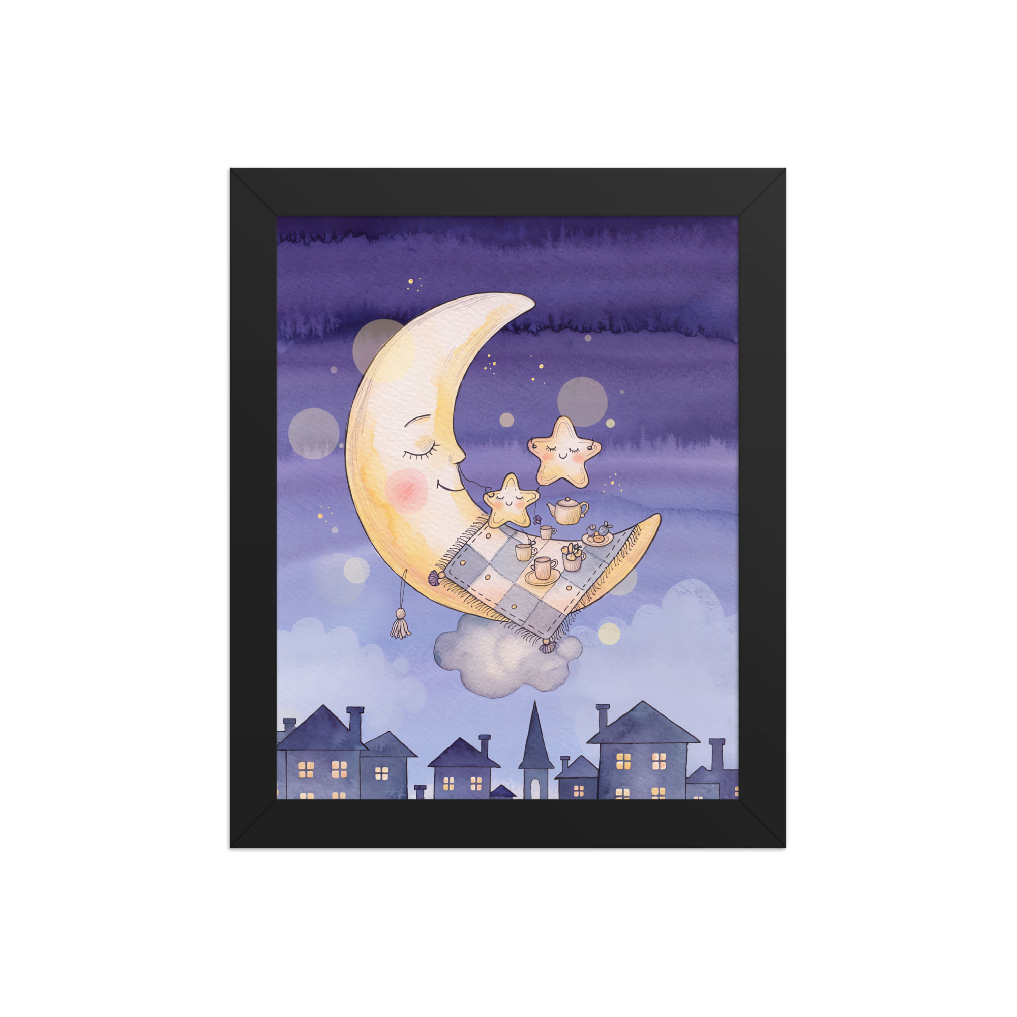 Sleepy Moon Cute Town Nursery Art Print
