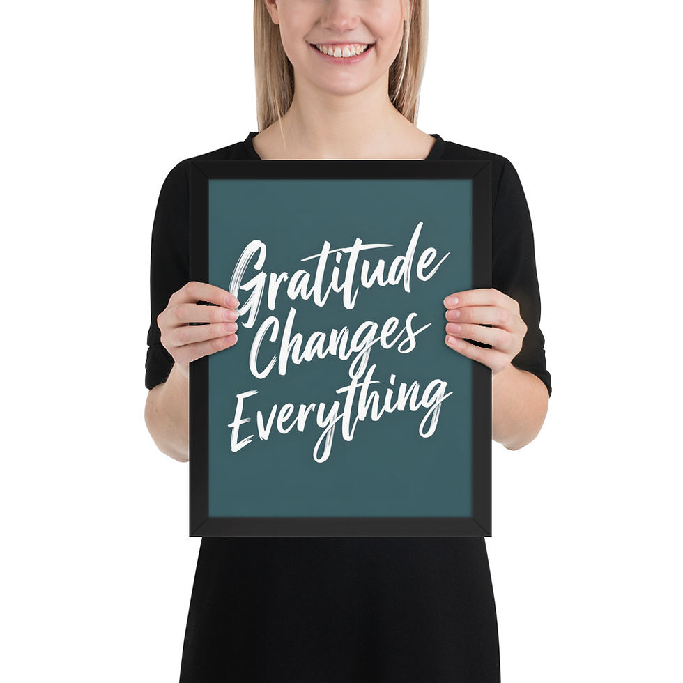 Thumbnail: Framed poster with teal background and white text reading "Gratitude Changes Everything" in a cursive font, set in a black matte frame.