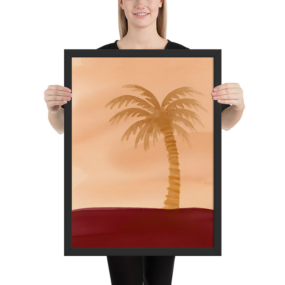 Thumbnail: Lone palm tree abstract landscape in a black frame, soft browns, pale sand, and muted sage against a cream sky, framed art, wall art.