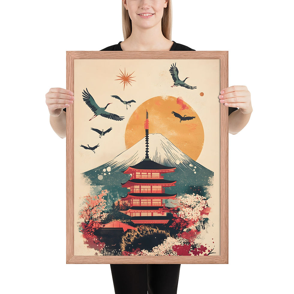 Thumbnail: Japan Travel Art Fuji, framed poster in black wood frame, featuring pagoda, Mount Fuji, cherry blossoms, and cranes on matte paper.