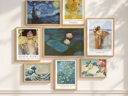 A wall gallery of famous artists like Gustac Klimt, Henri Matisse and Japanese