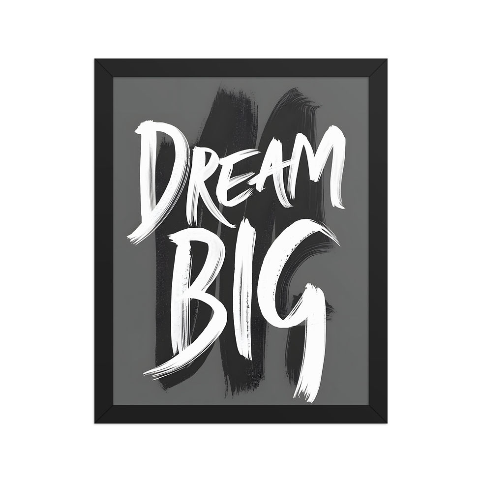 Thumbnail: Framed poster with white "Dream Big" text on gray background, in a black matte frame, ideal for framed wall art and motivational framed art.