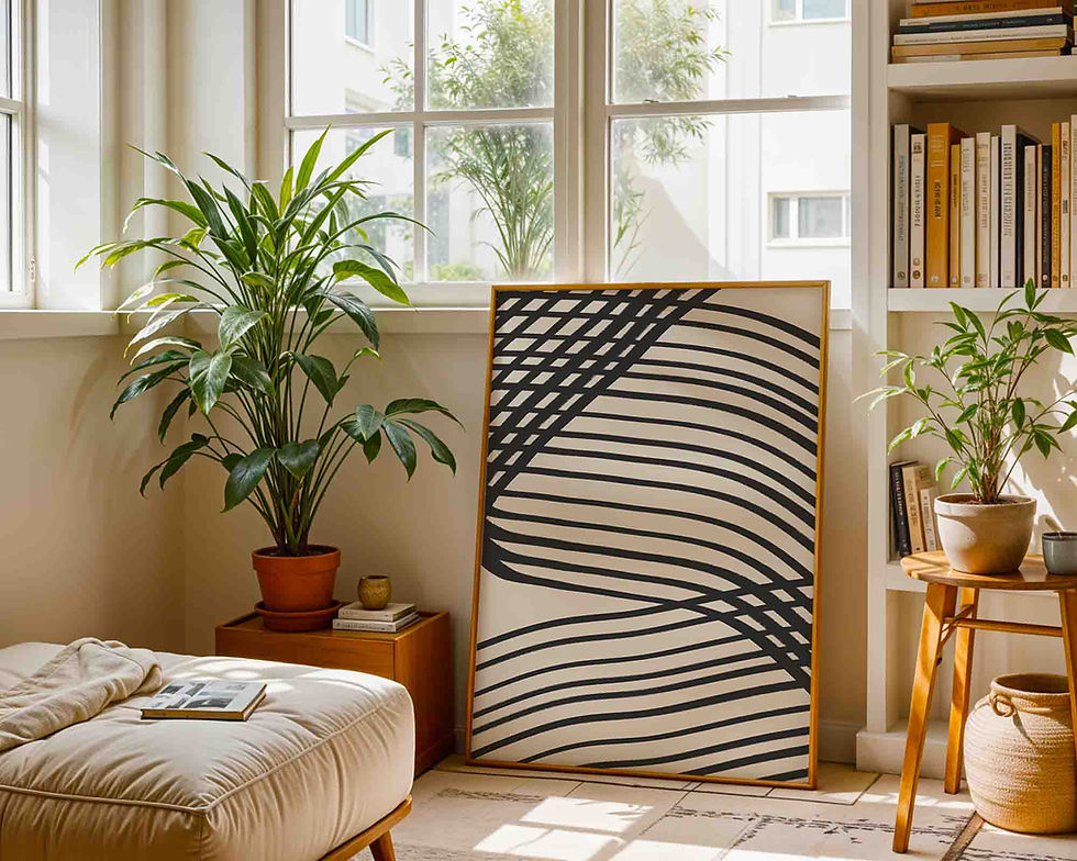 Bright room with a large abstract neutral artwork, potted plants, books on shelves, and a cozy ottoman with a book, exuding a serene atmosphere.