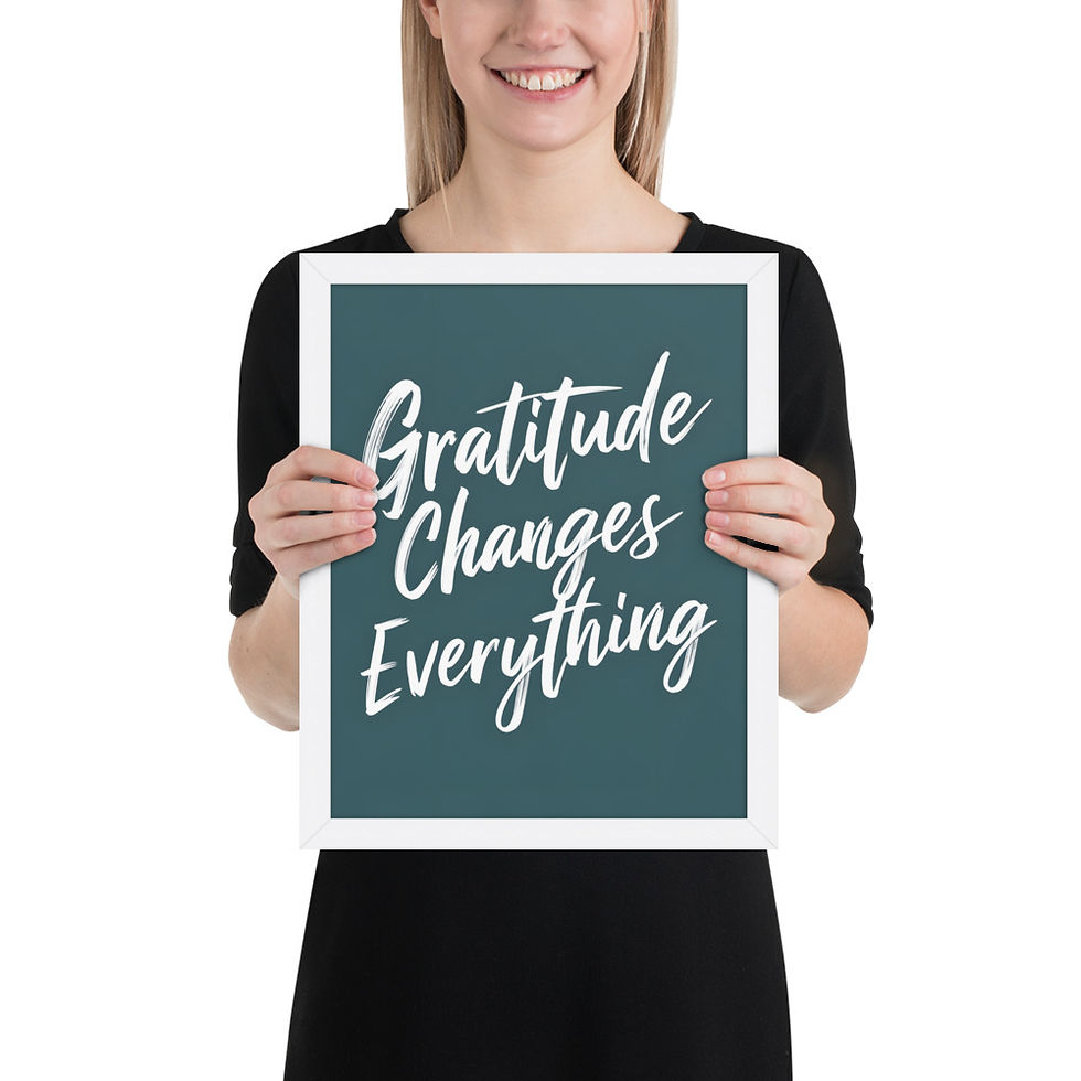 Thumbnail: Framed poster with teal background and white text reading "Gratitude Changes Everything" in a cursive font, set in a black matte frame.
