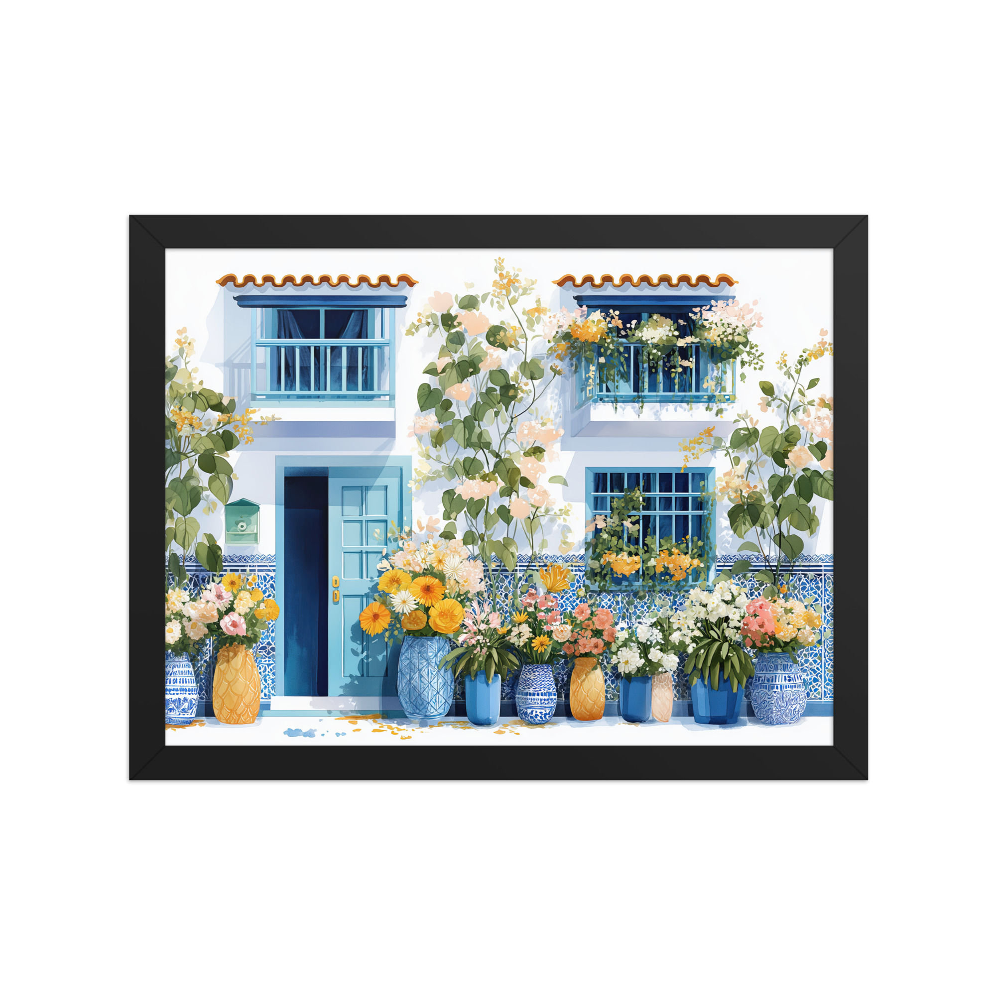 Inviting Open Doors Terrace Watercolor Print | Framed Architectural Art