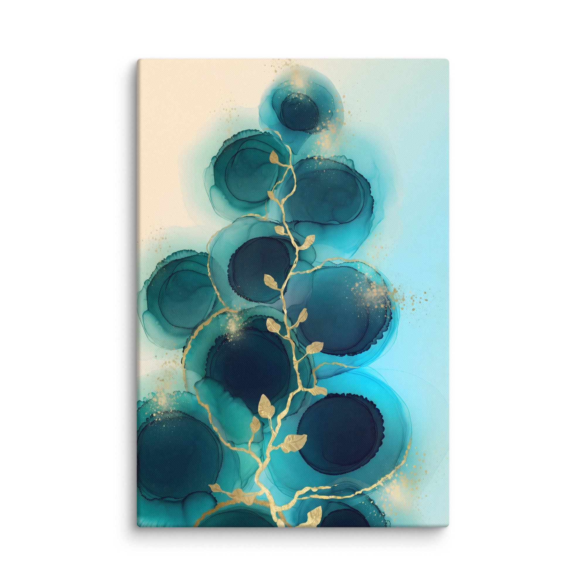 Abstract Teal Botanical Canvas - Gold Leaf Fluid Art Wall Decor