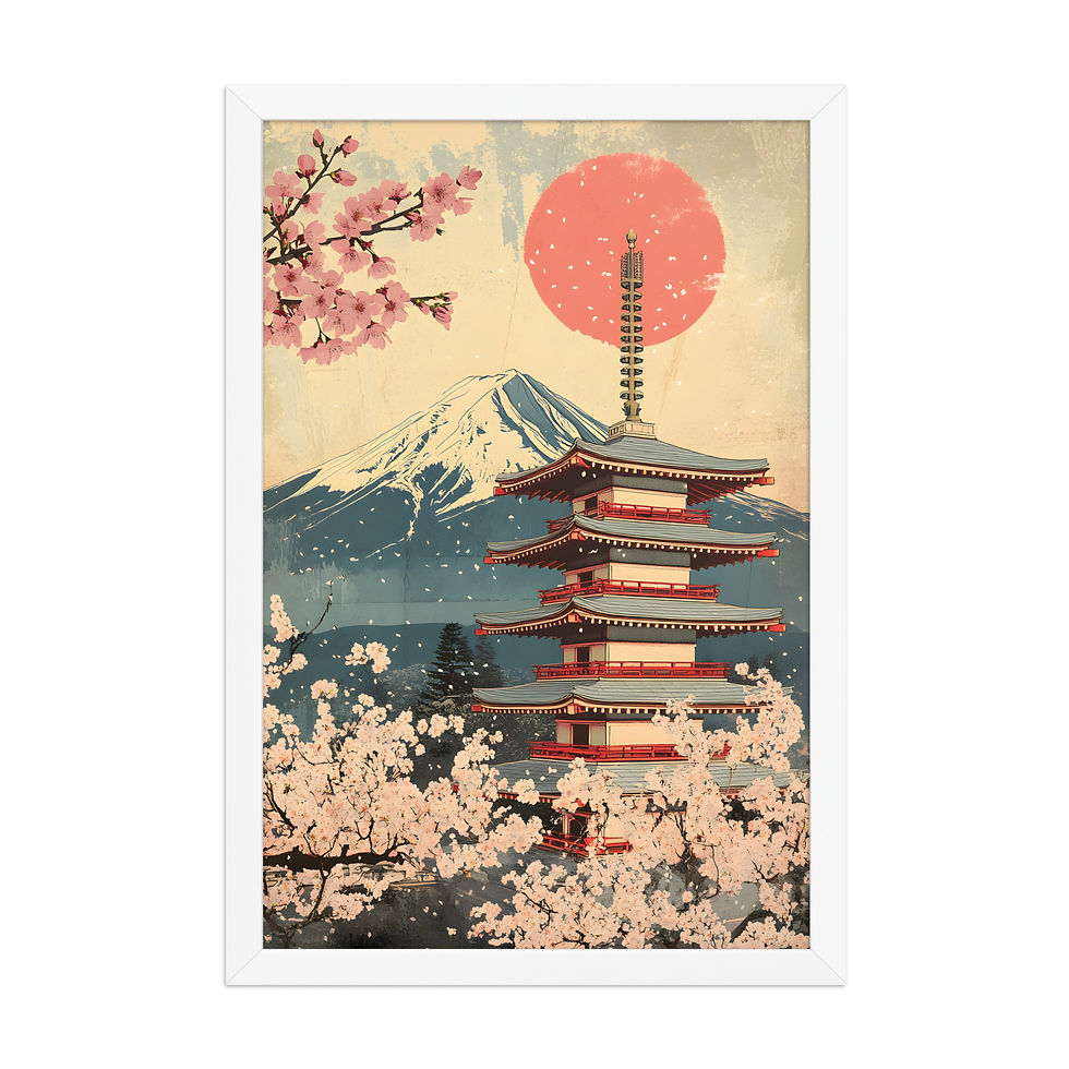 Thumbnail: Cherry Blossoms at the Temple framed poster, black frame, pink cherry blossoms, Japanese pagoda, mountain landscape, framed wall art, framed art.