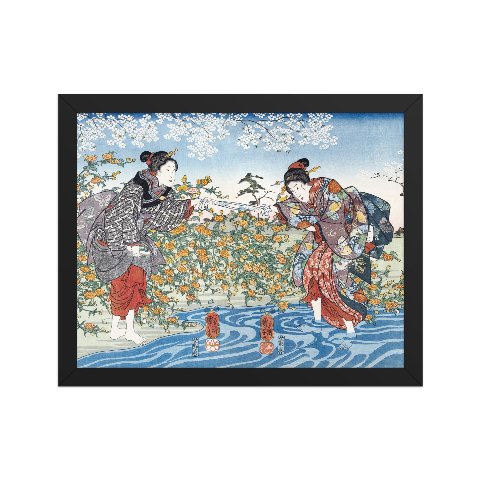 Japanese Girls by Ide Tama River Vintage Painting by Utagawa Framed Wall Art