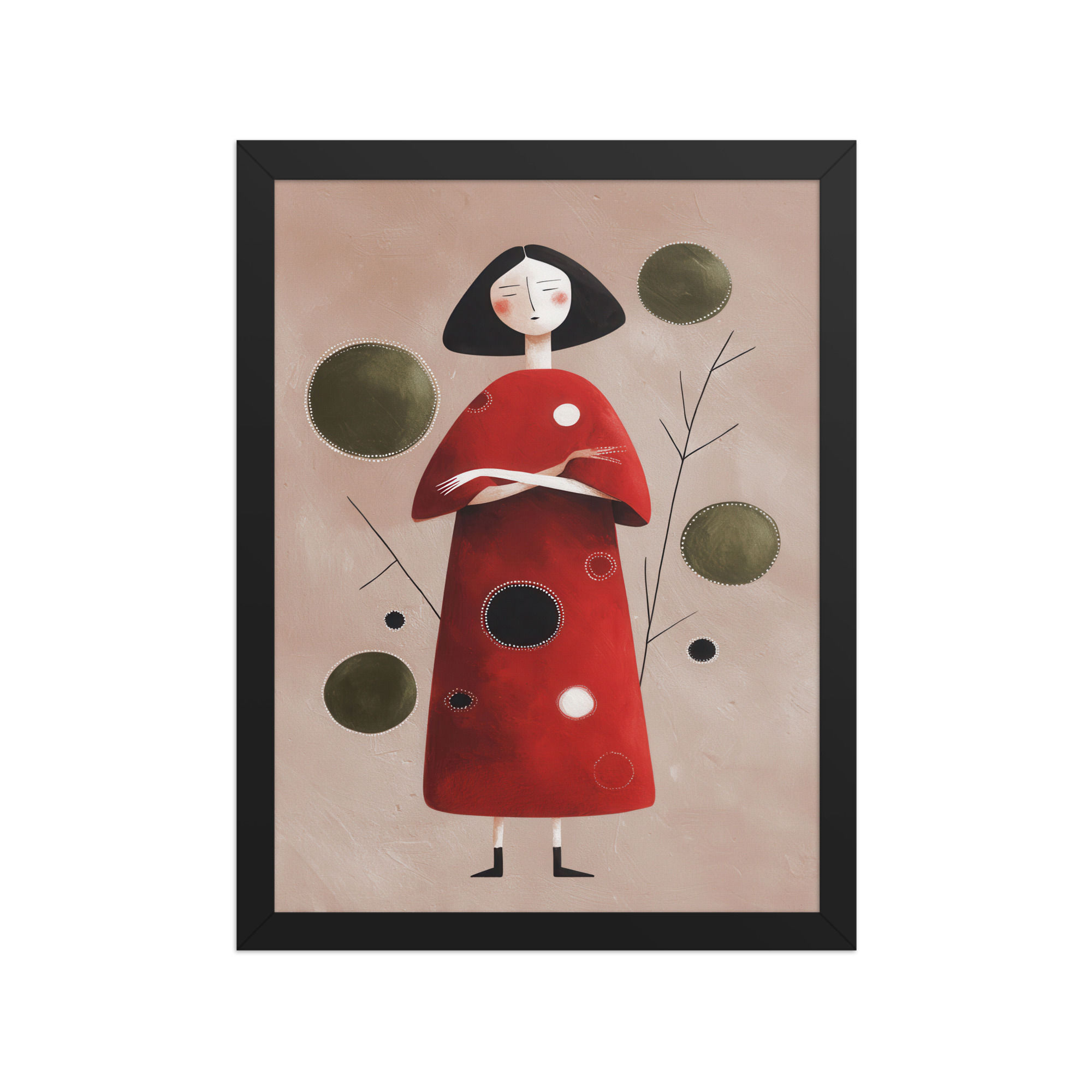 Framed red girl Gouache Art for Home