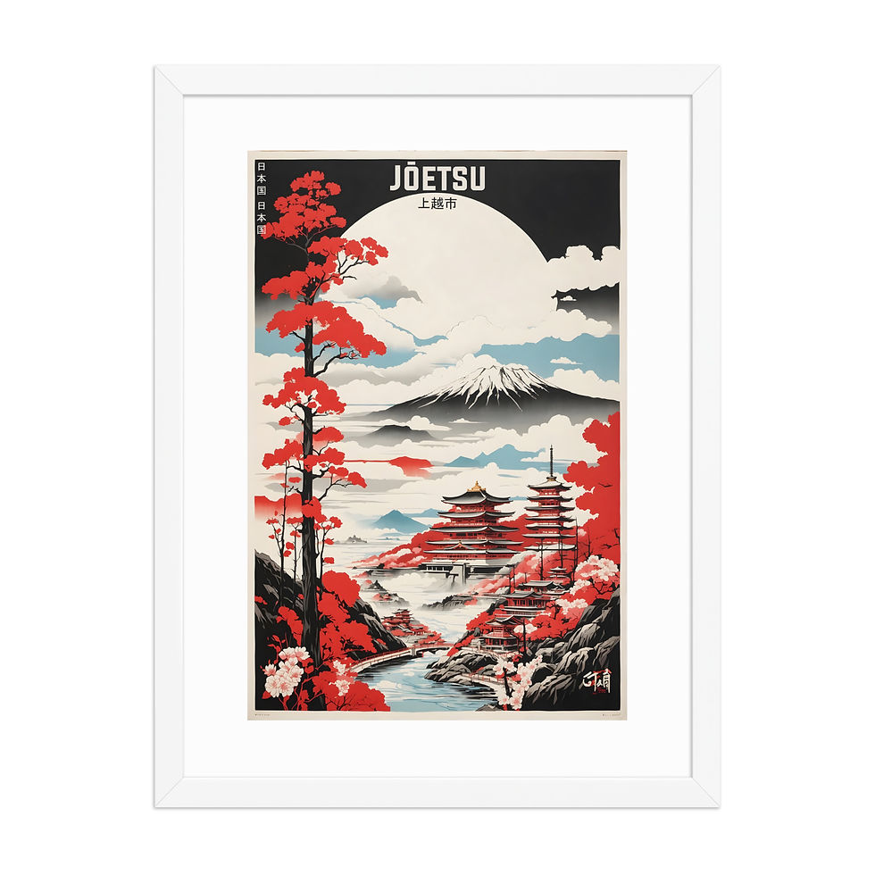 Thumbnail: Framed Japanese travel poster of Joetsu, featuring a temple, mountain, and red trees, in a black frame, ideal for framed wall art and framed art.
