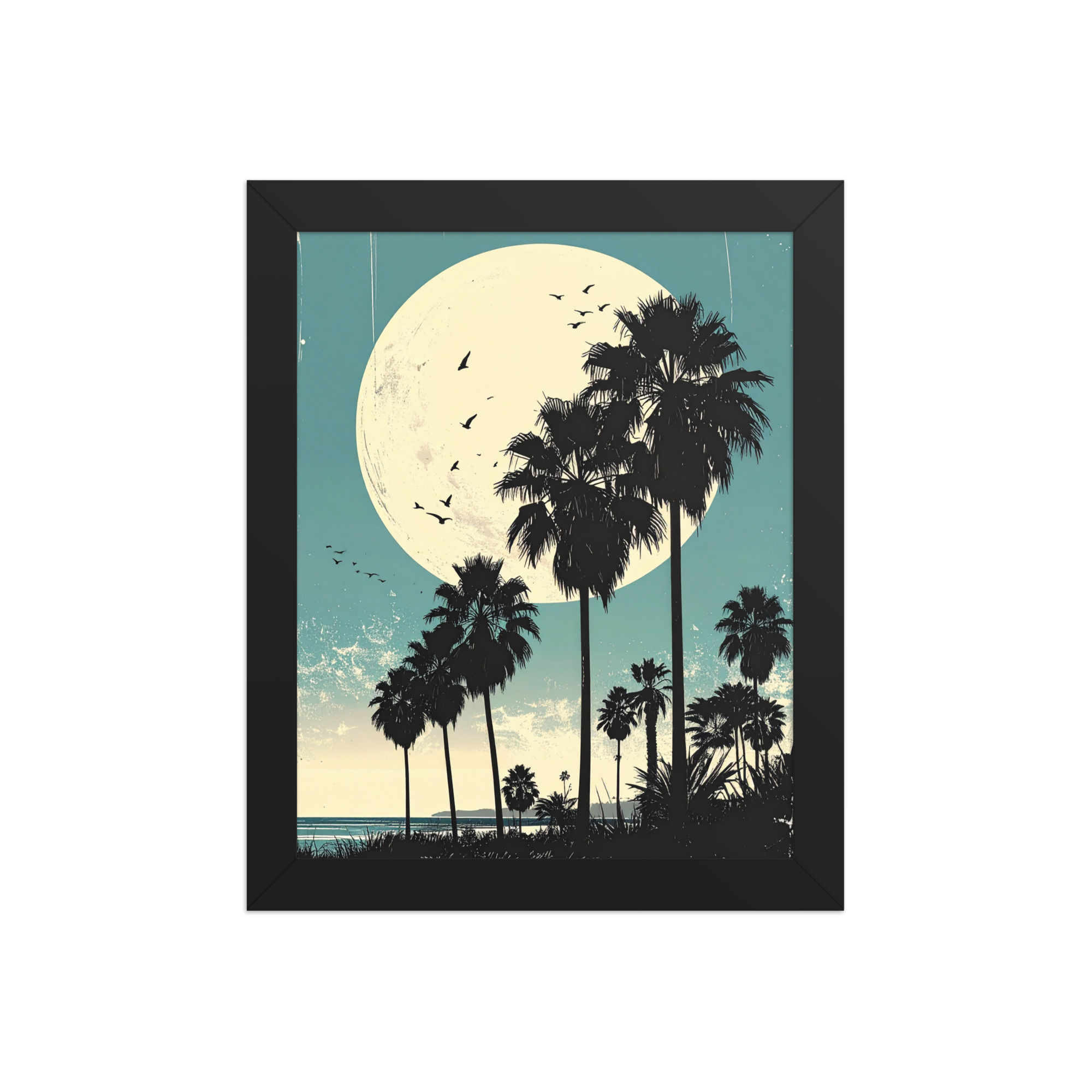 Blue Moon Palms Print | Tropical Night Sky Wall Art with Moonlight Framed