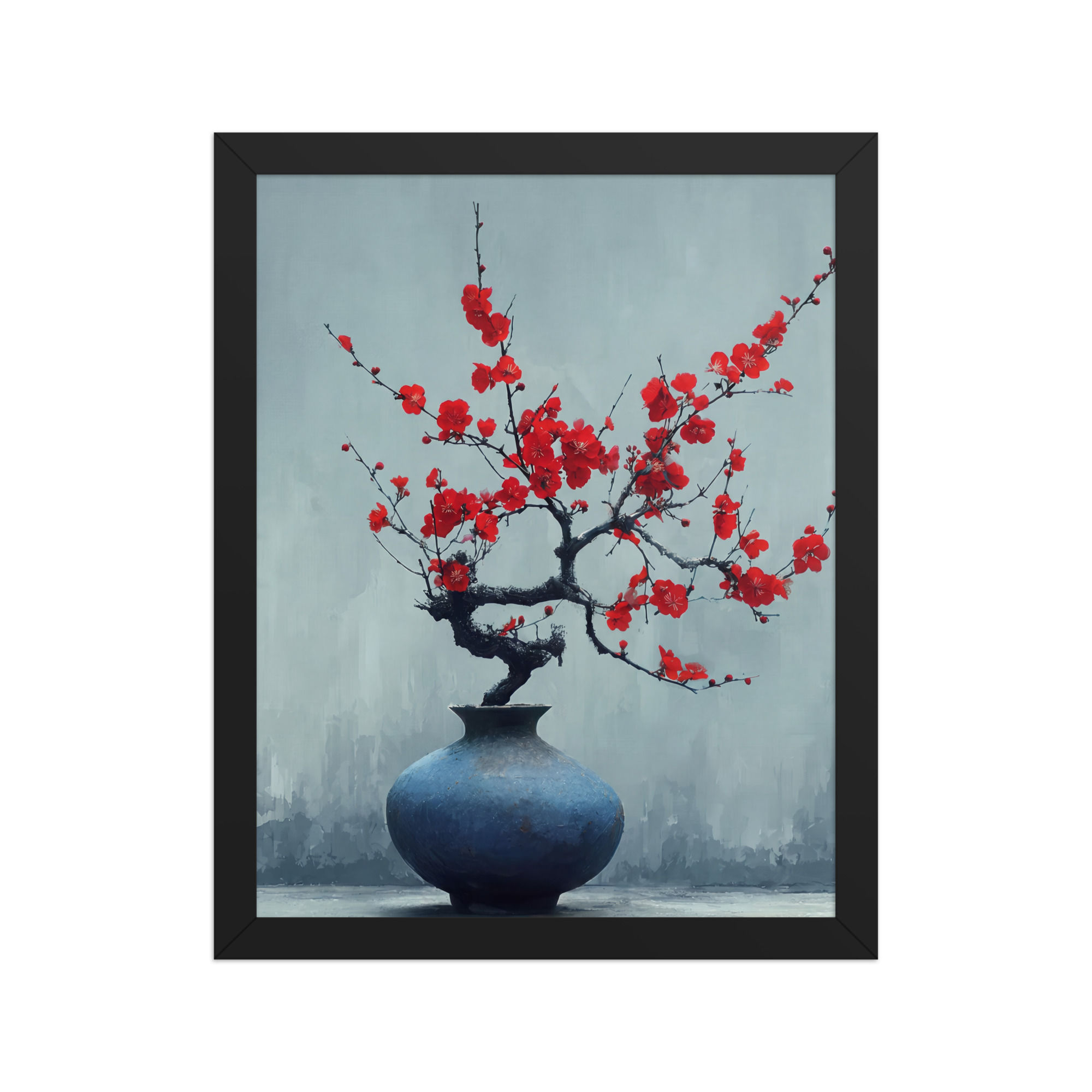 Frameifi Red Cherry Blossom in Blue Vase framed art, vibrant red blossoms in blue vase, Asian inspired wall decor print in black frame.