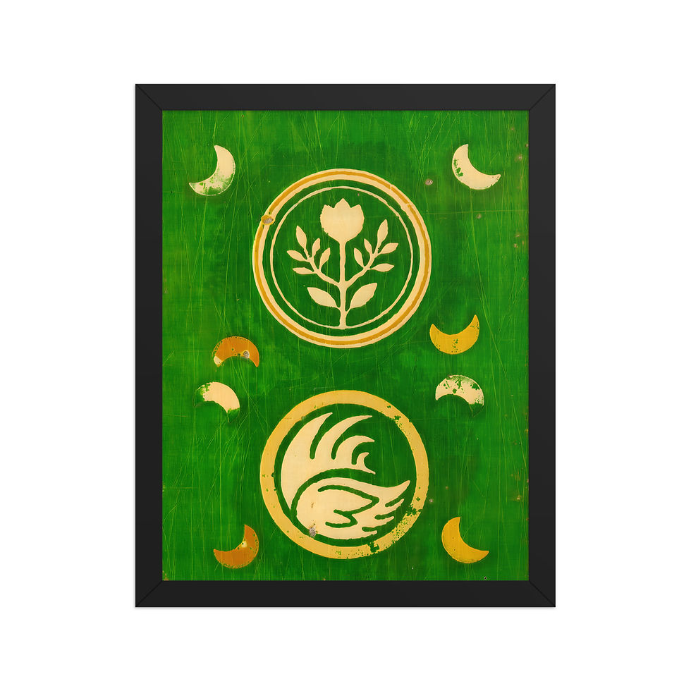 Framed art print with green background, gold botanical emblems, and crescent moon shapes, in a black frame, ideal as framed wall art.