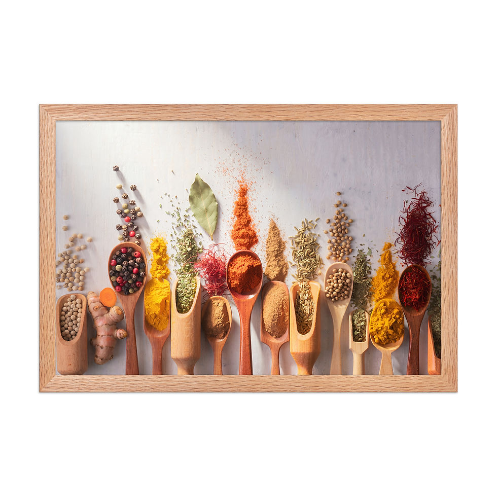 Thumbnail: Framed art of colorful kitchen wall art, featuring a row of wooden spoons and scoops holding various whole and ground spices, framed poster.