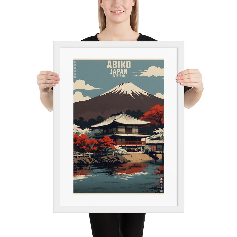 Thumbnail: Framed poster of Abiko Japan with traditional house, mountain, and trees, in a black matte frame, for wall art and framed art.