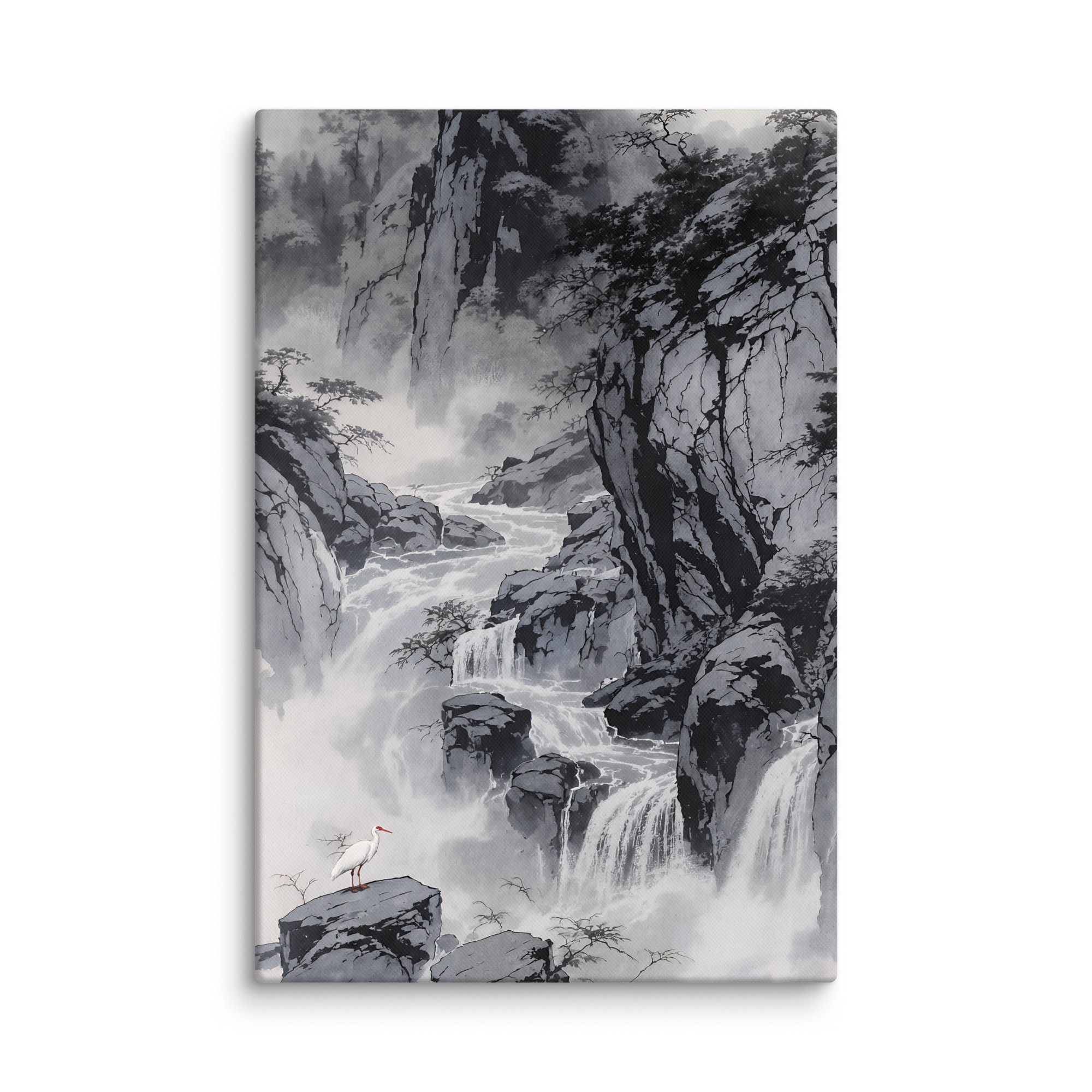 Frameifi The Crane's Mountain Gorge Retreat Japanese Canvas, a serene framed art piece featuring a mountain gorge with waterfalls and a white crane.
