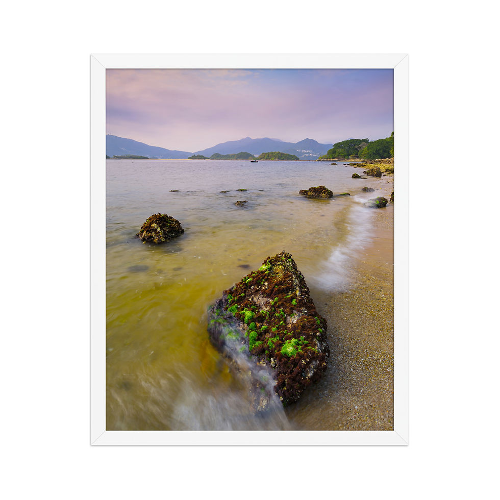 Thumbnail: Framed art, Tranquil Bay Sunset Print, coastal seascape photography, framed wall art, premium luster paper, showcasing serene bay, moss-covered rocks, and tranquil waters.