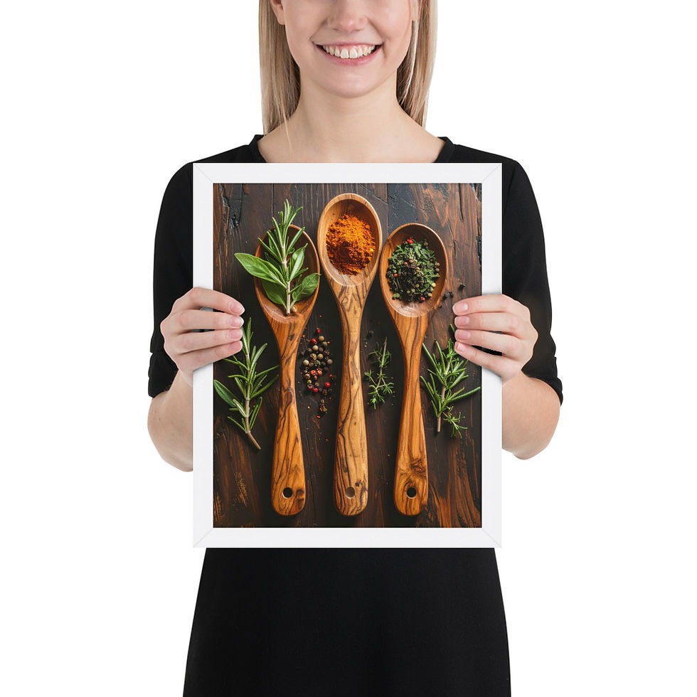 Thumbnail: Wooden Spoons with spices, framed art print in black frame, wall art, featuring kitchen decor with herbs and seasonings, framed poster.