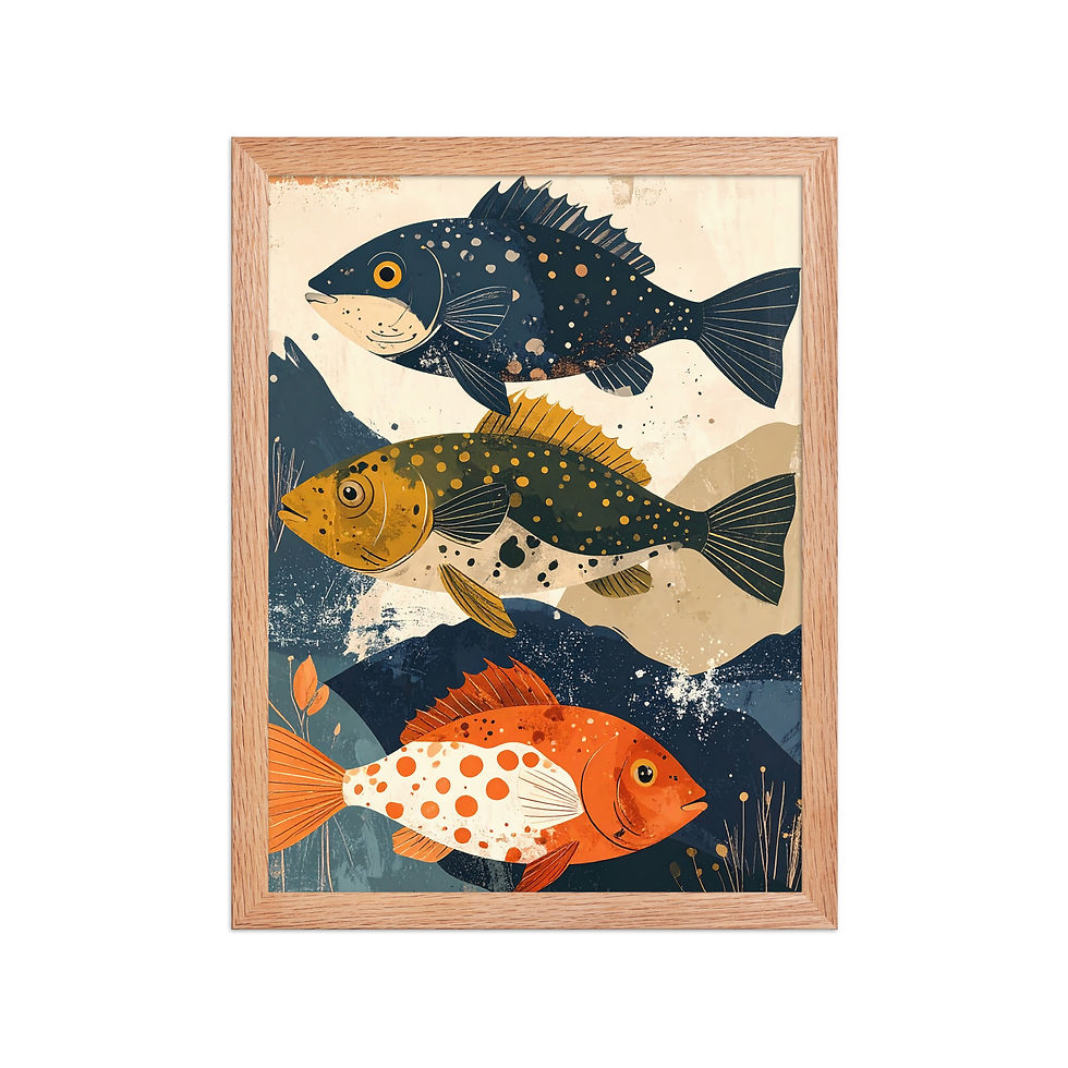 Thumbnail: Framed poster of abstract fish art, featuring three colorful spotted fish in a black matte frame, perfect for framed wall art and home decor.