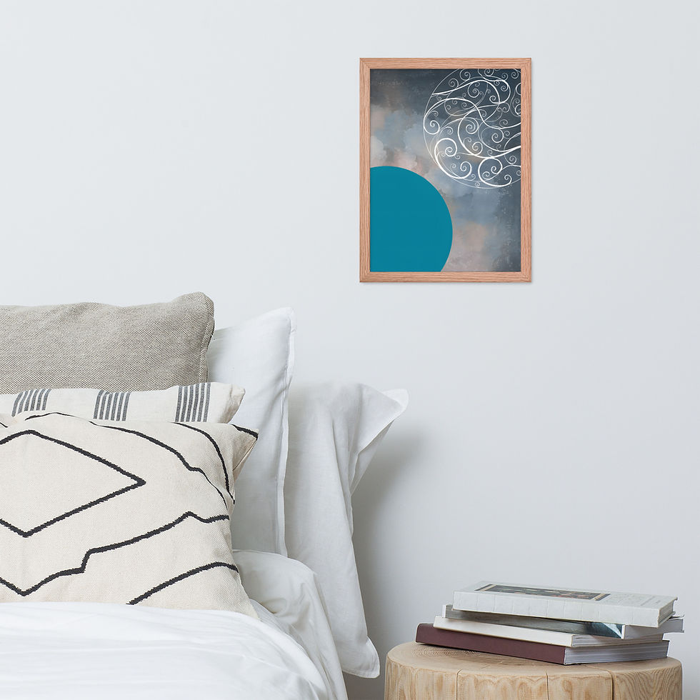 Thumbnail: Framed contemporary wall art featuring twin circles, one solid cobalt blue and the other with intricate white linework, in a black frame.