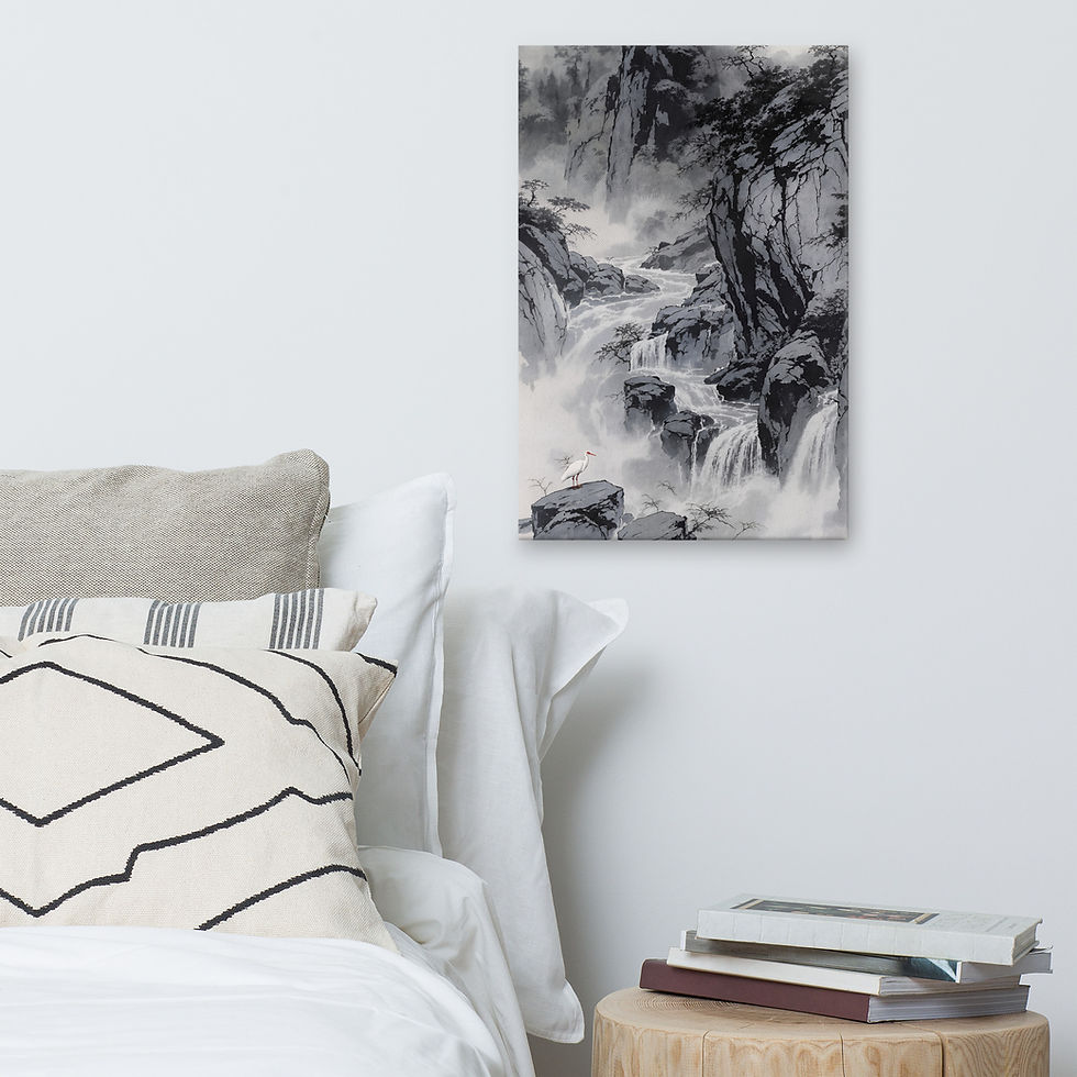 Thumbnail: Frameifi The Crane's Mountain Gorge Retreat Japanese Canvas, a serene framed art piece featuring a mountain gorge with waterfalls and a white crane.